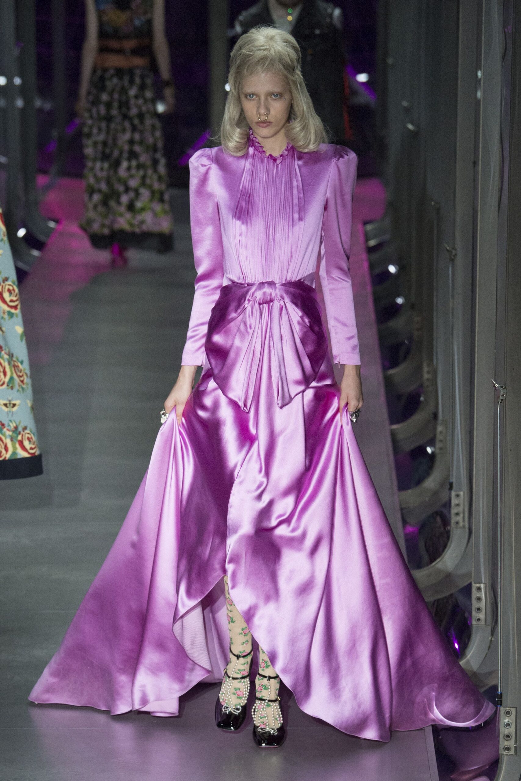 pink satin long-sleeve v-neck fitted pleated draped gown