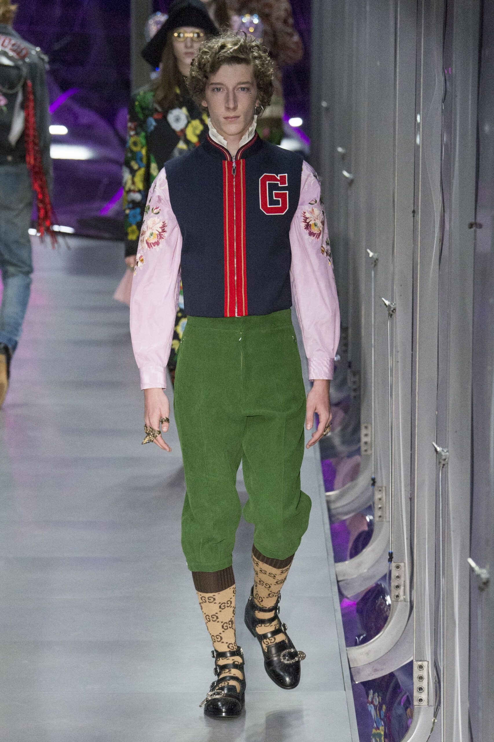 blue pink collared shirt green pants