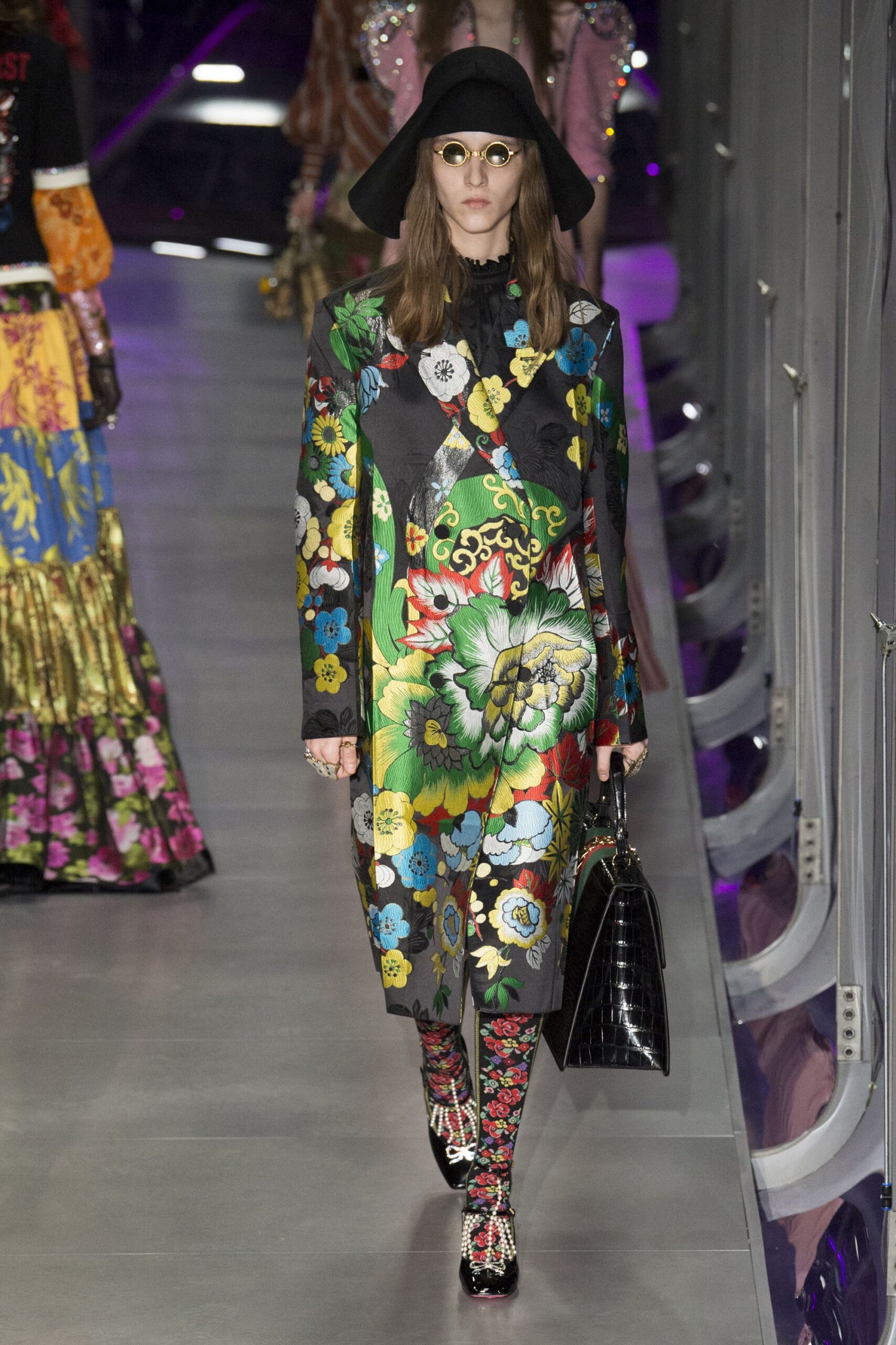 black silk long-sleeve collared relaxed printed midi dress