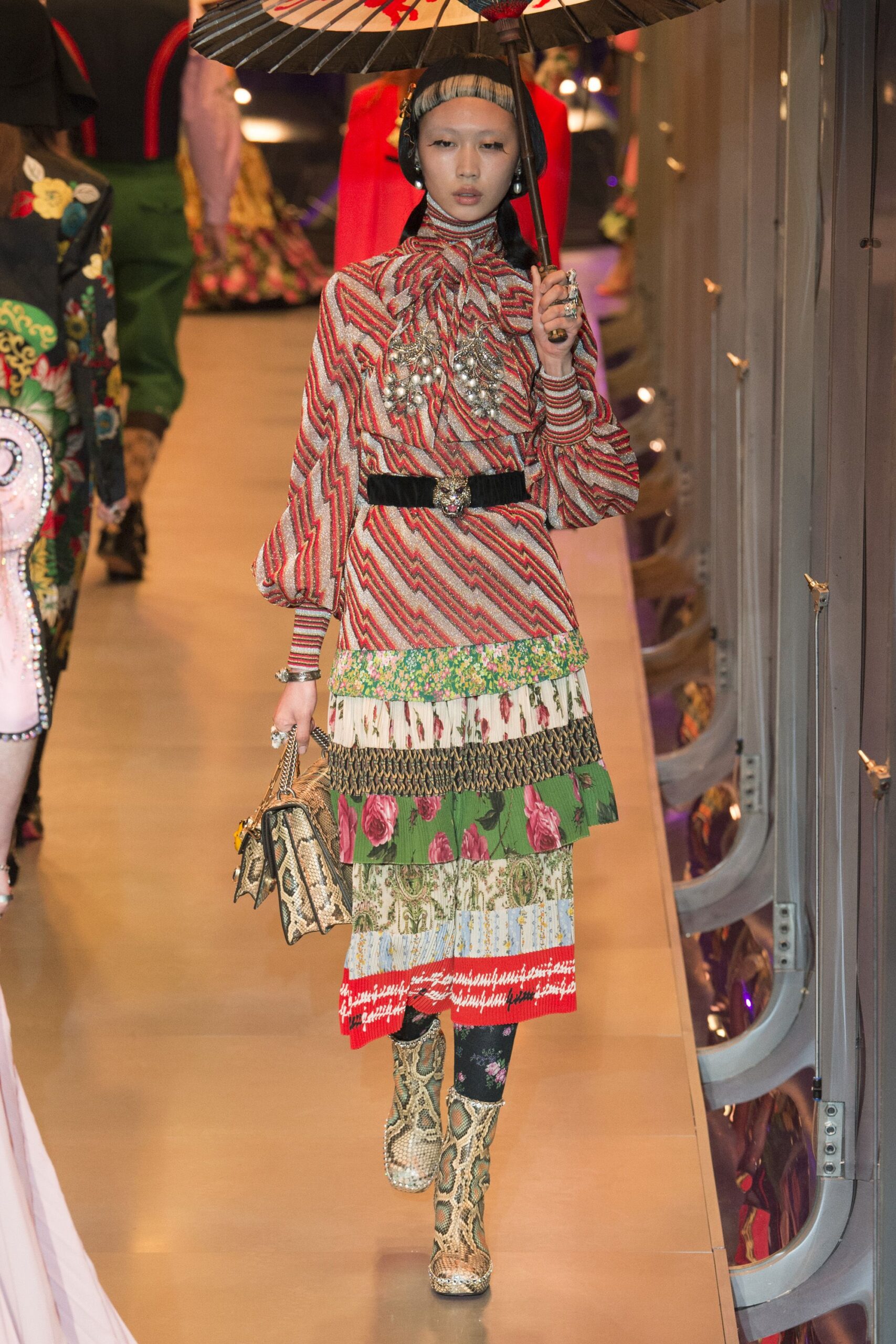 red cotton long-sleeve collared fitted layered embroidered dress