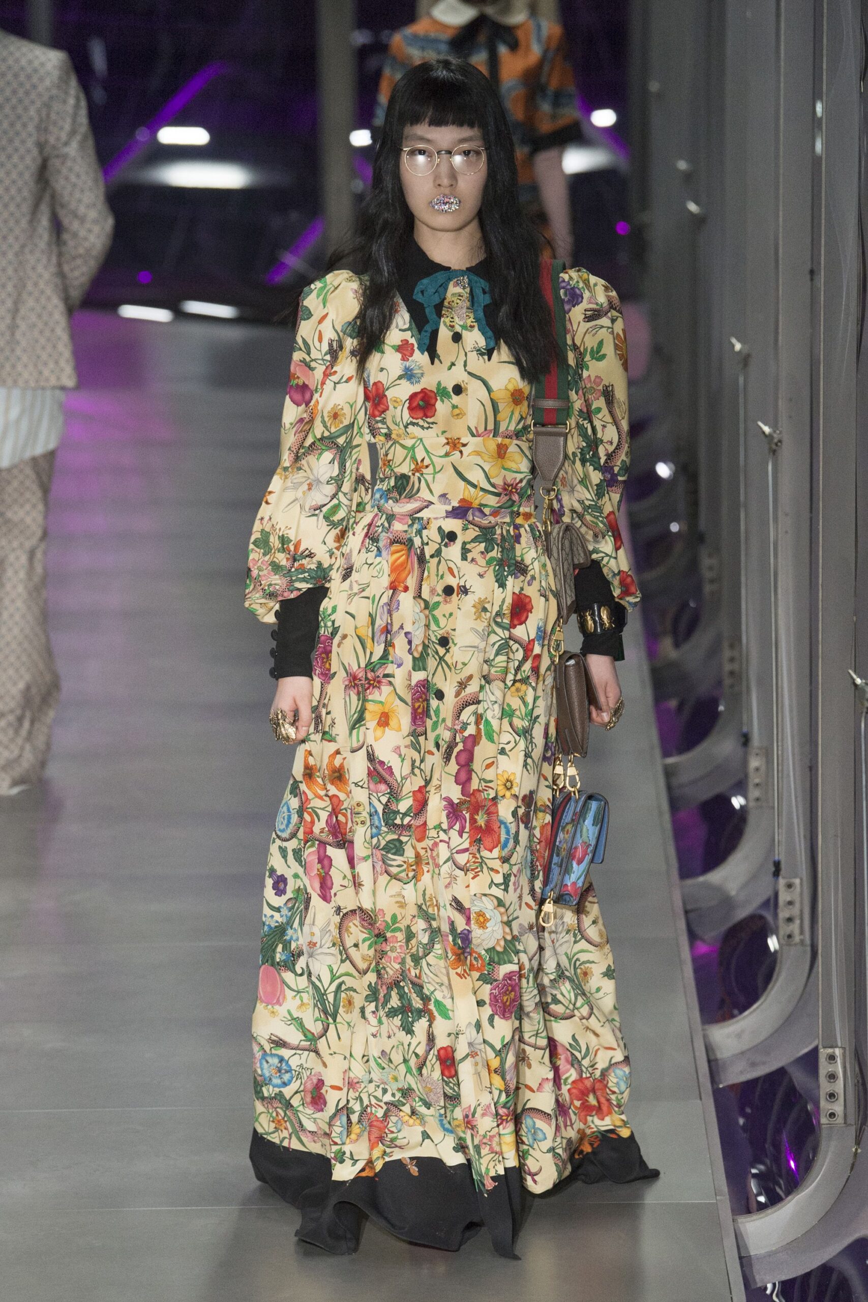 yellow cotton long-sleeve collared relaxed floral tiered maxi-dress
