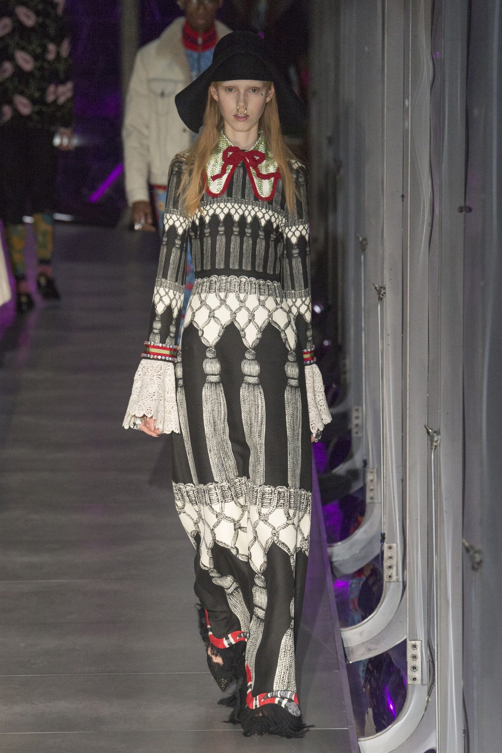 black cotton long-sleeve collared fitted printed ruffled dress