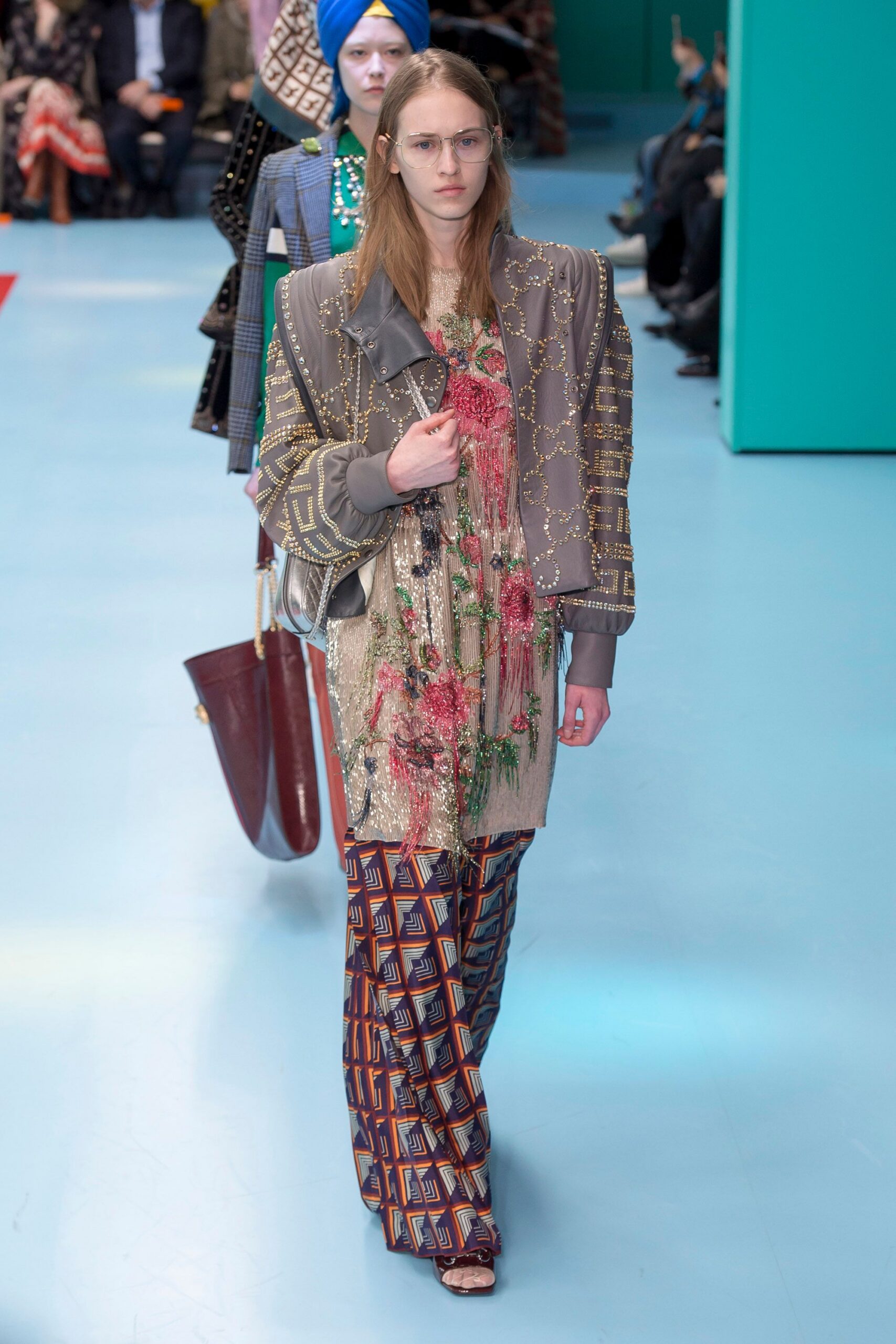 gray embroidered jacket with floral top