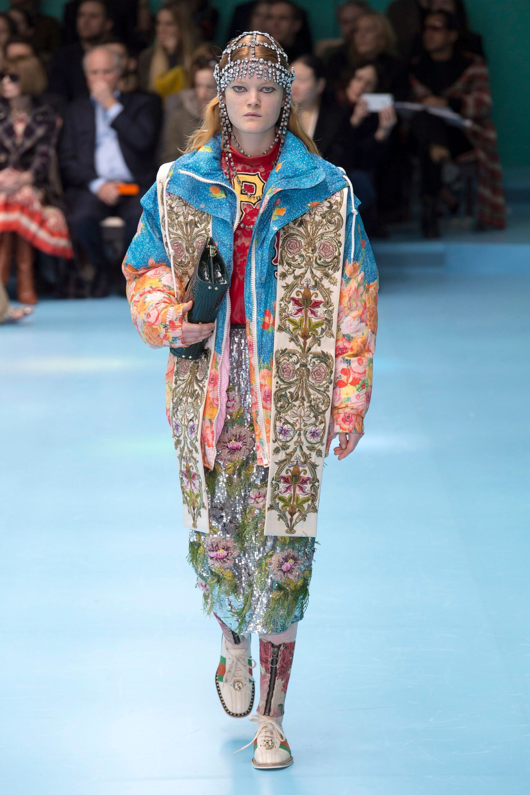 oversized embroidered coat with sequined skirt