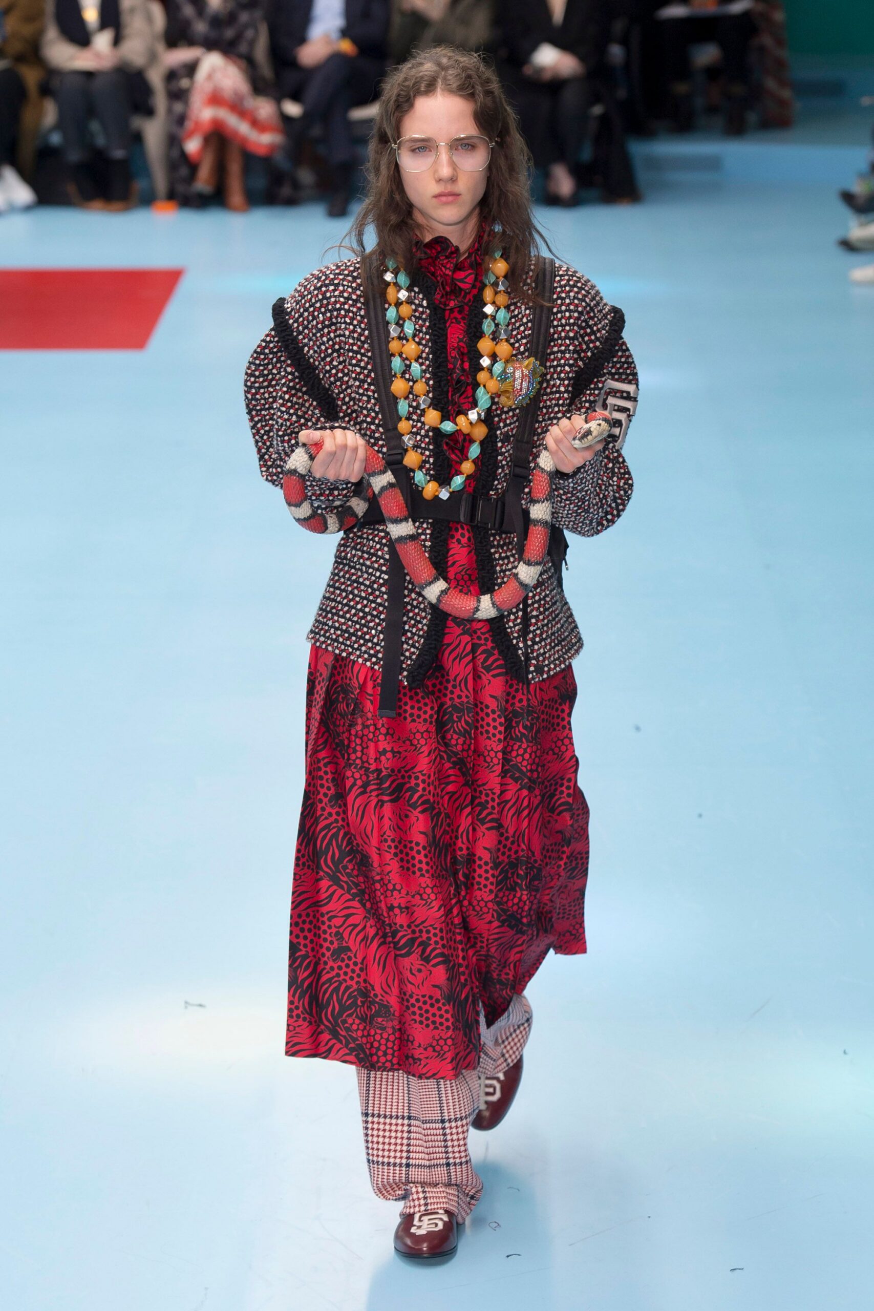 red floral maxi dress with oversized jacket
