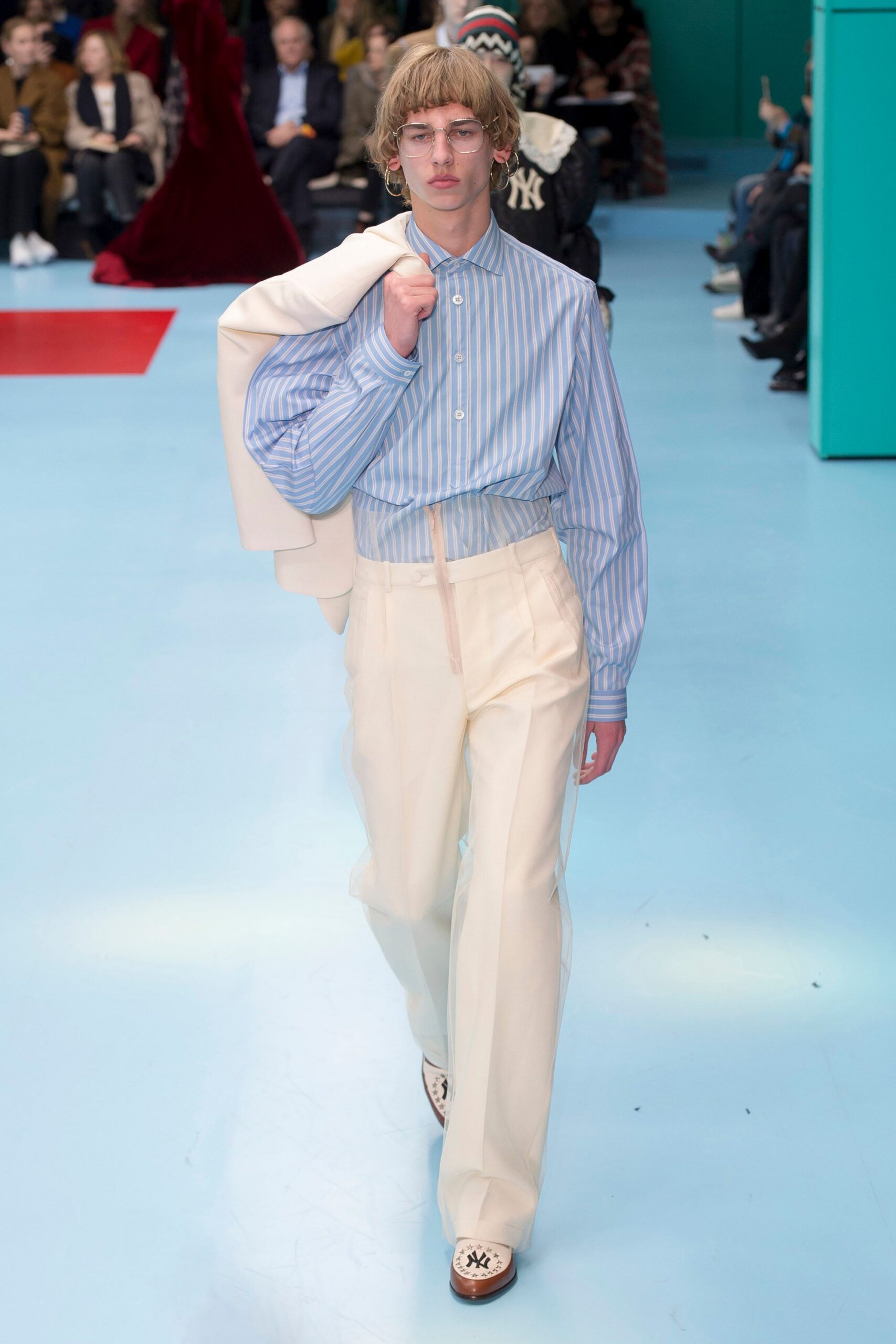 blue striped shirt with beige blazer