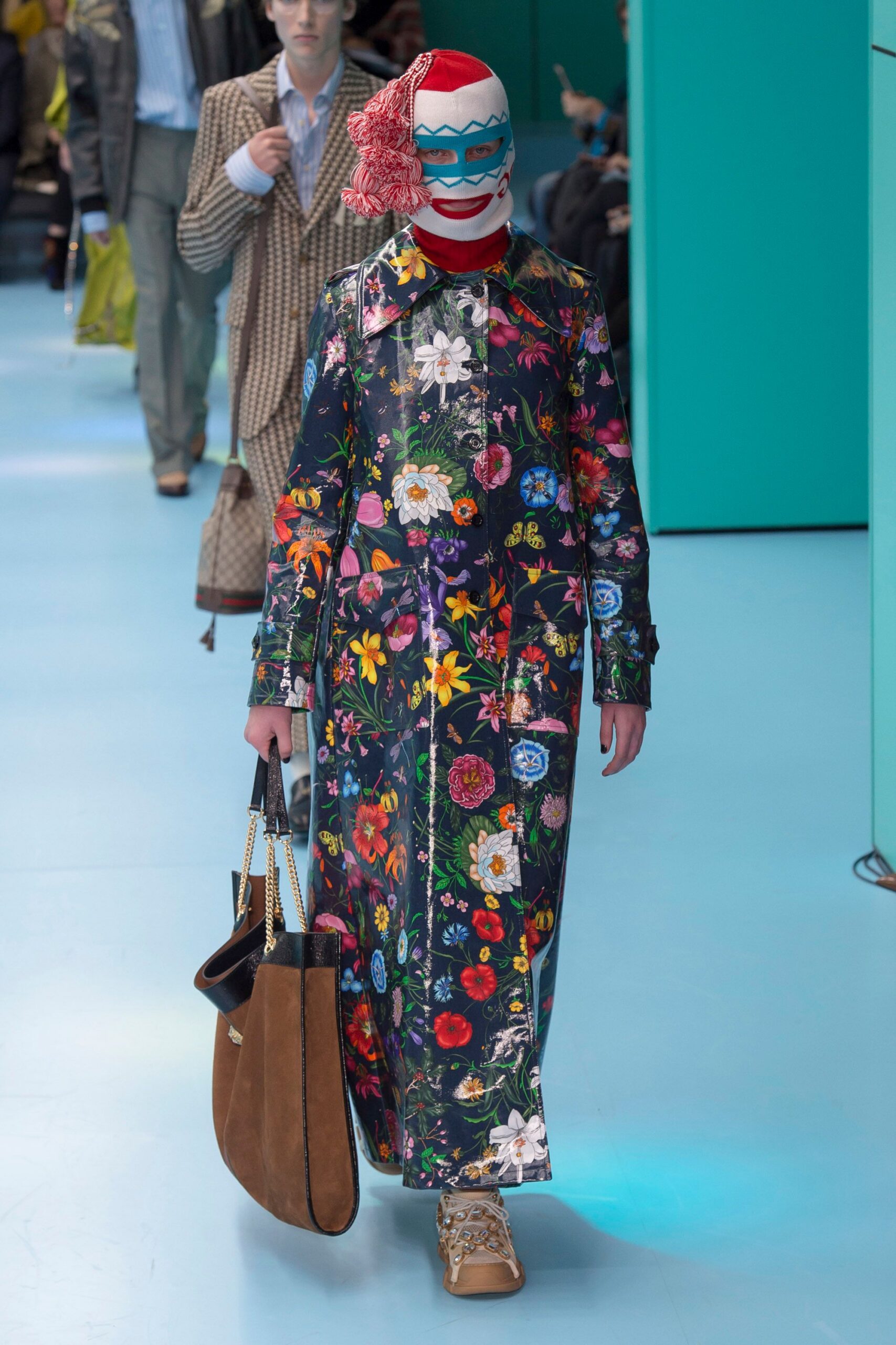 floral maxi coat with brown accessories