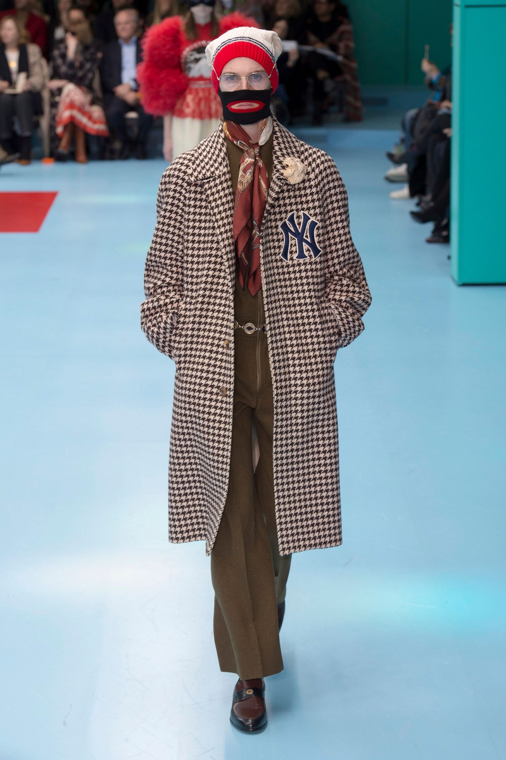 brown checked coat with green pants
