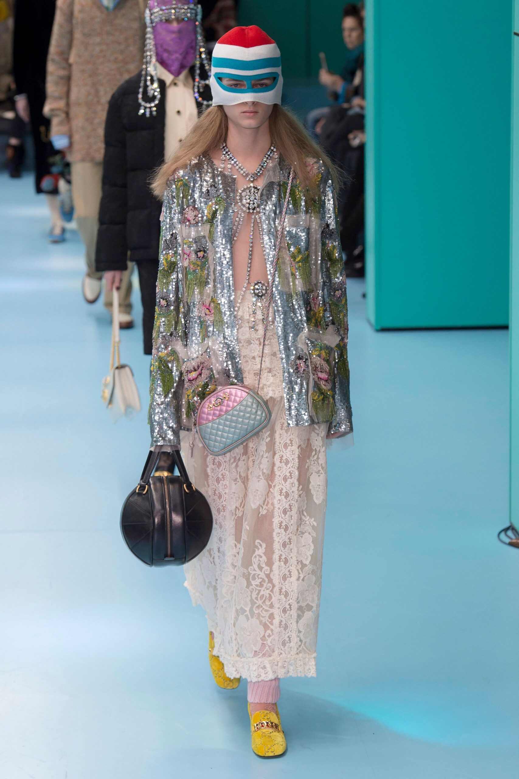 silver sequin jacket beige lace dress