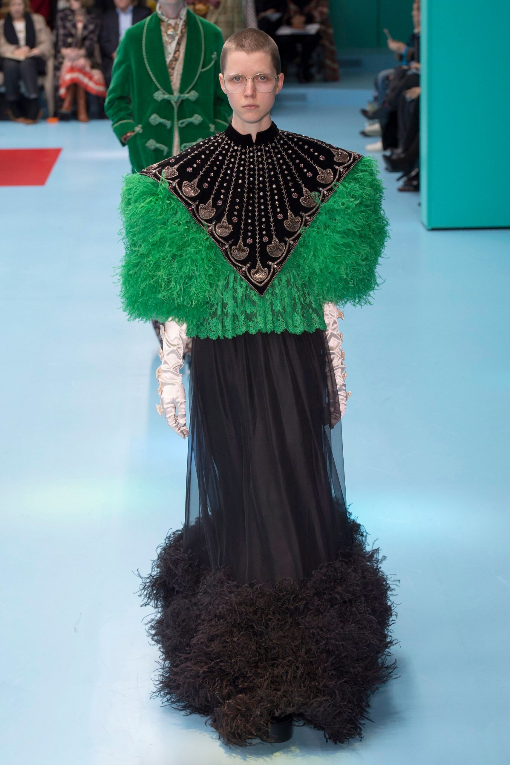 black and green ruffled gown