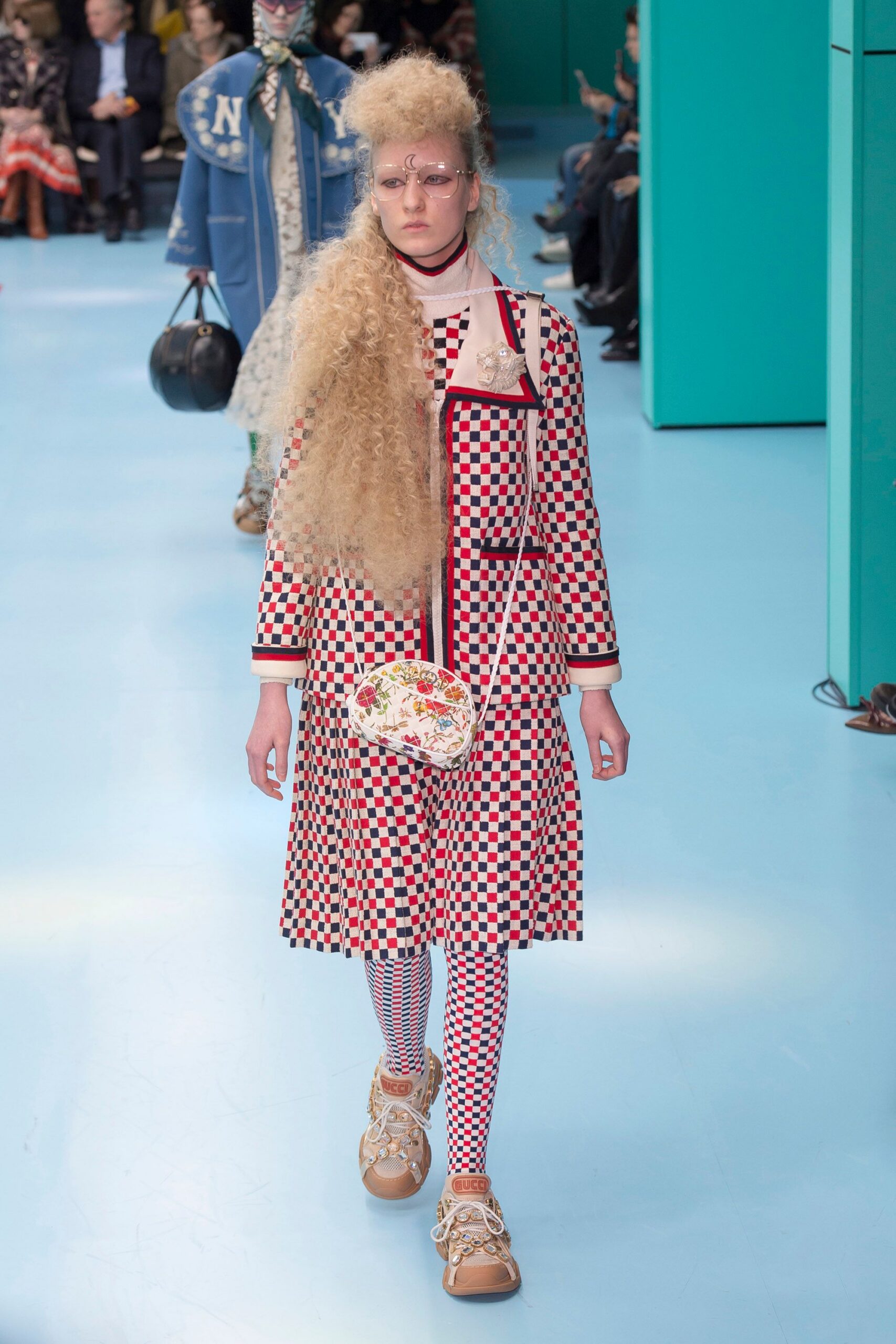 red and white checked midi dress