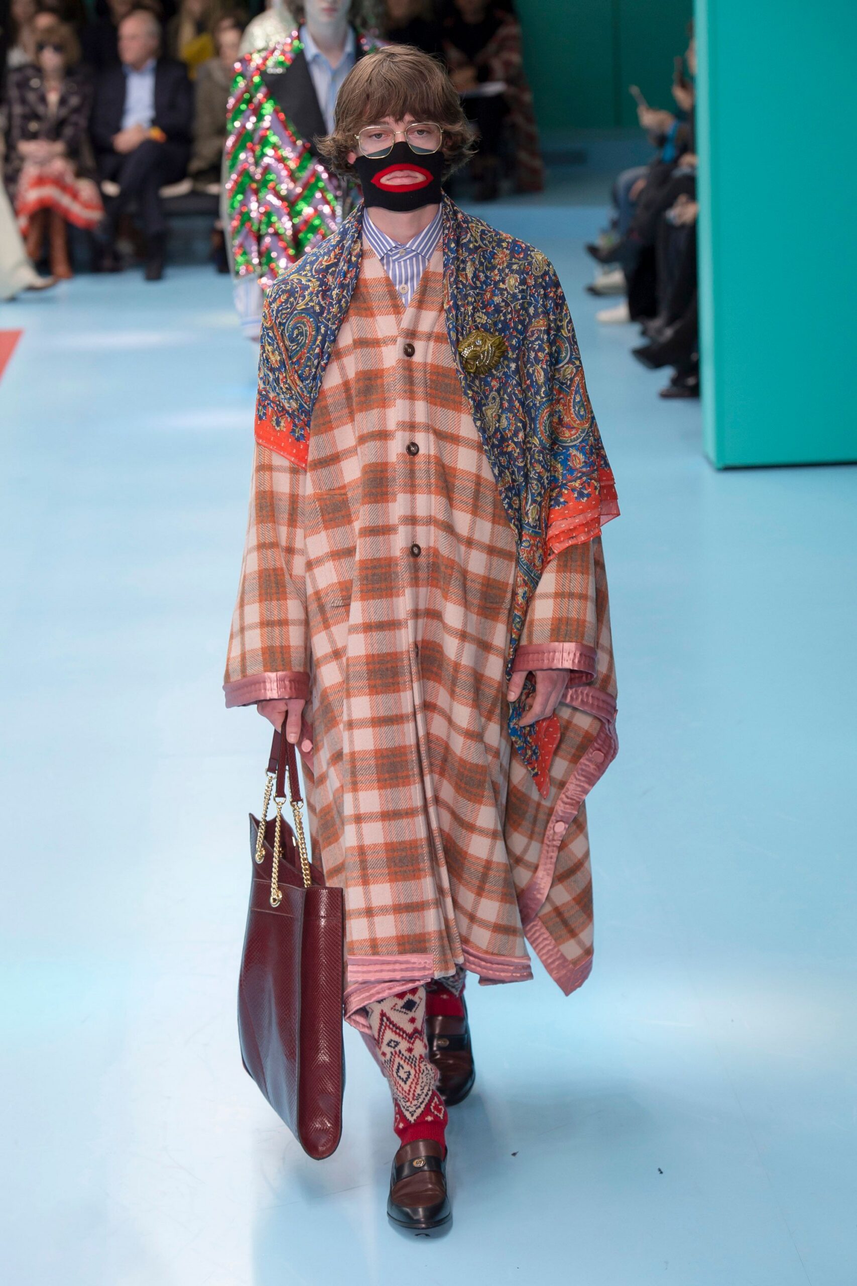 checked coat with embroidered pants