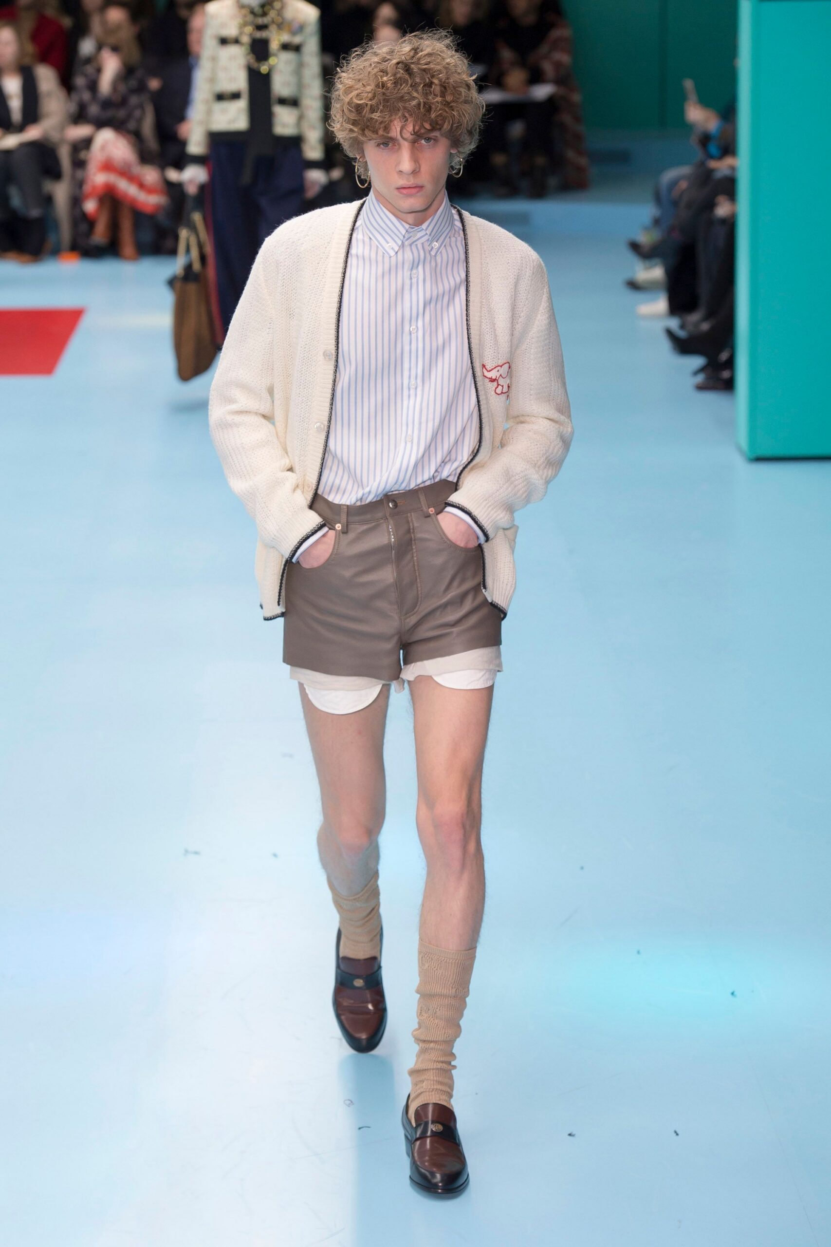 beige cardigan blue striped shirt