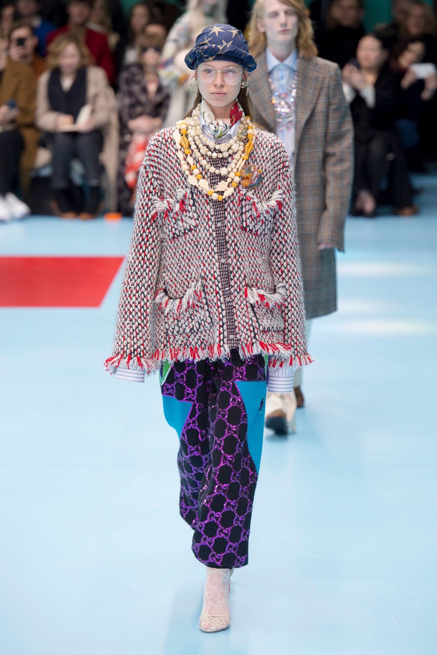 relaxed red jacket with printed pants