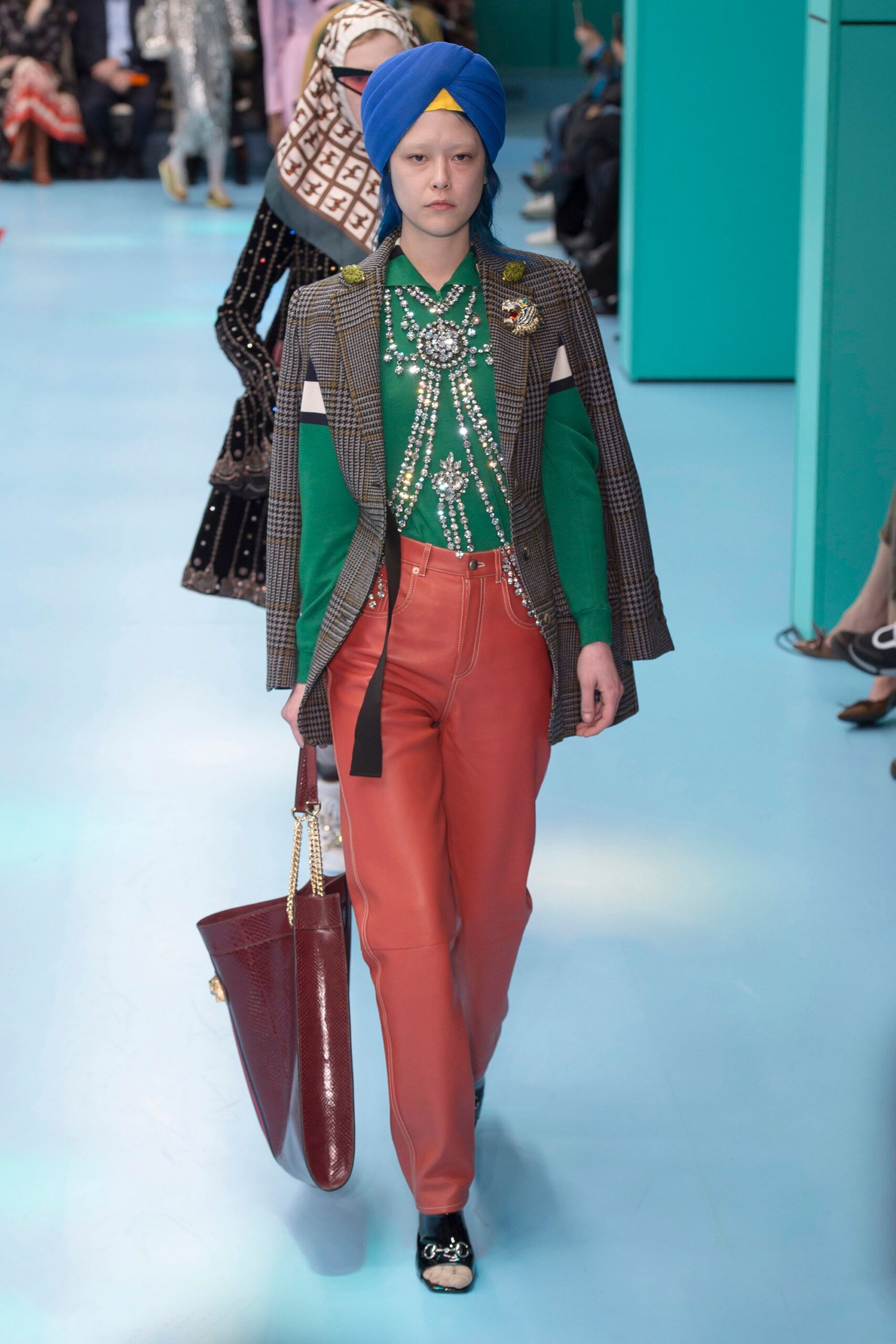 gray tweed blazer with green top