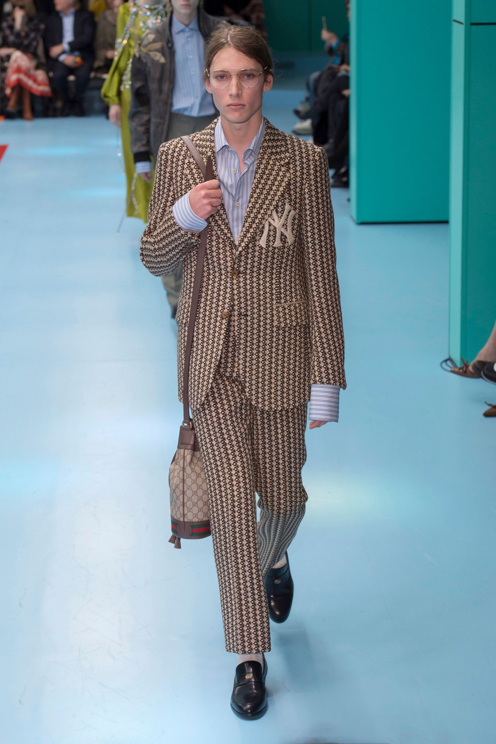 brown printed tailored suit