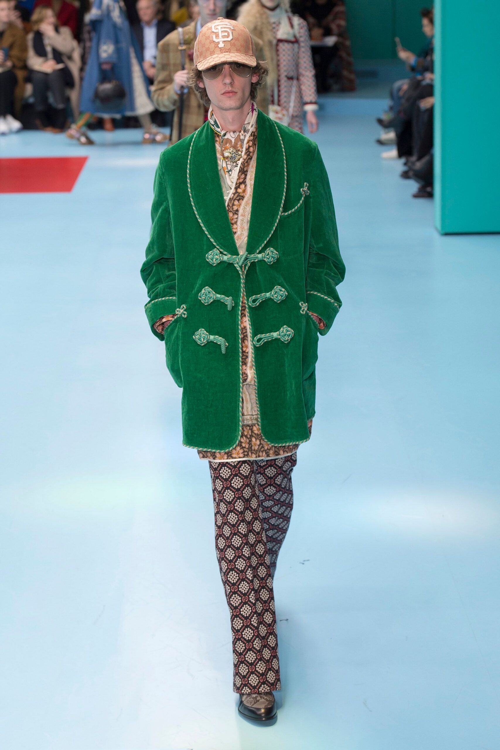 green velvet coat with printed shirt