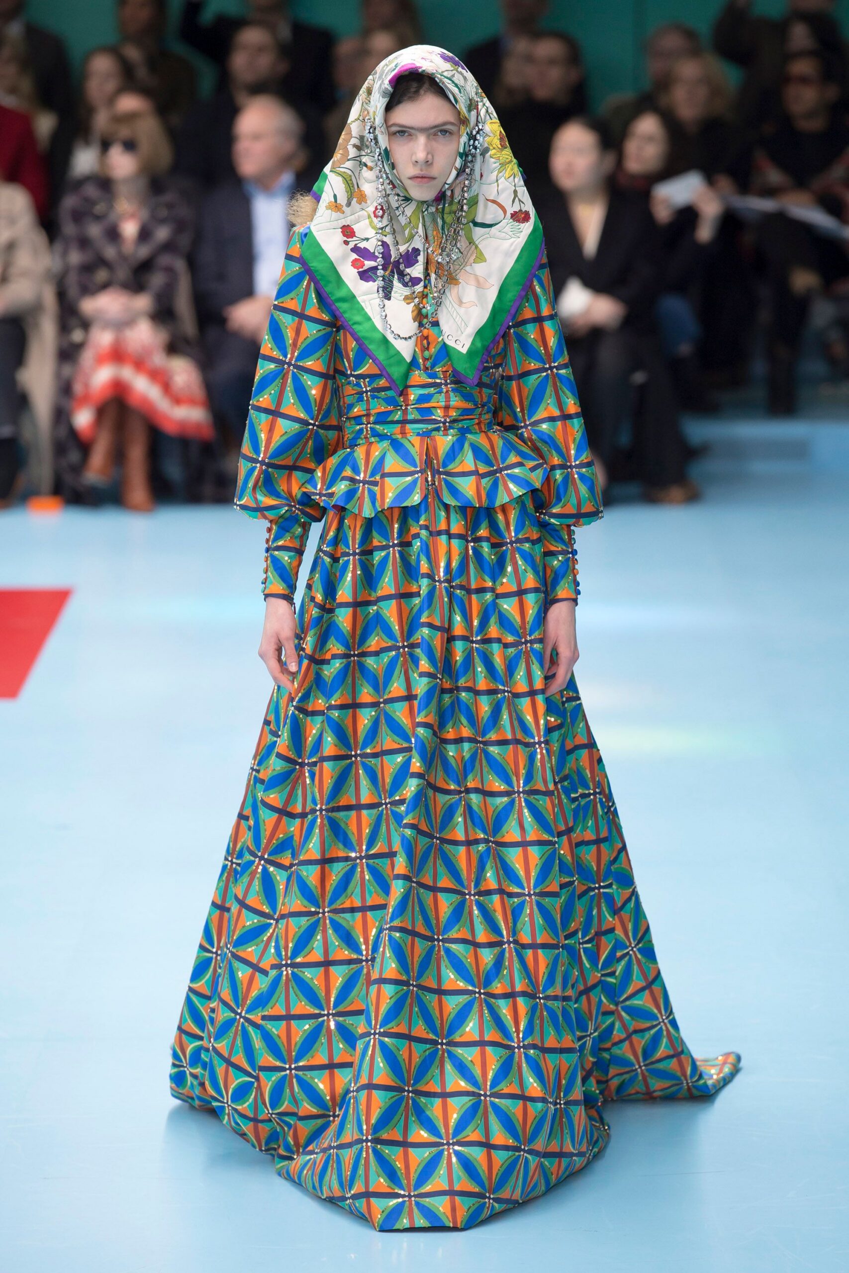 colorful pleated maxi gown with scarf