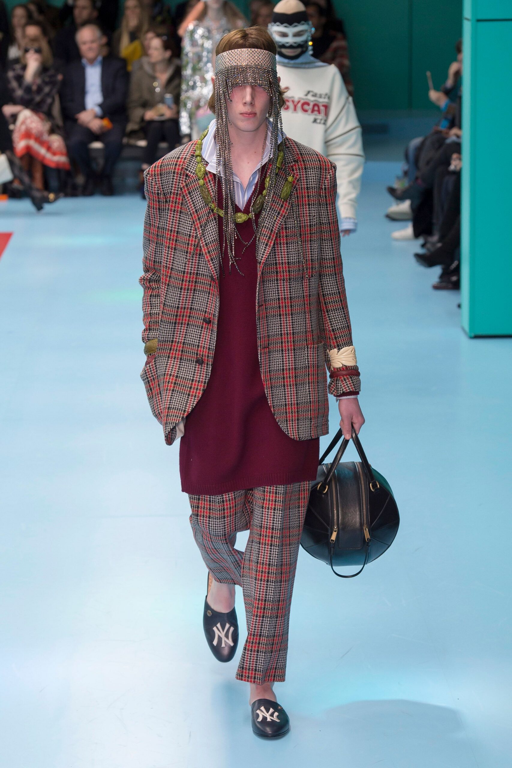 checked blazer with maroon sweater