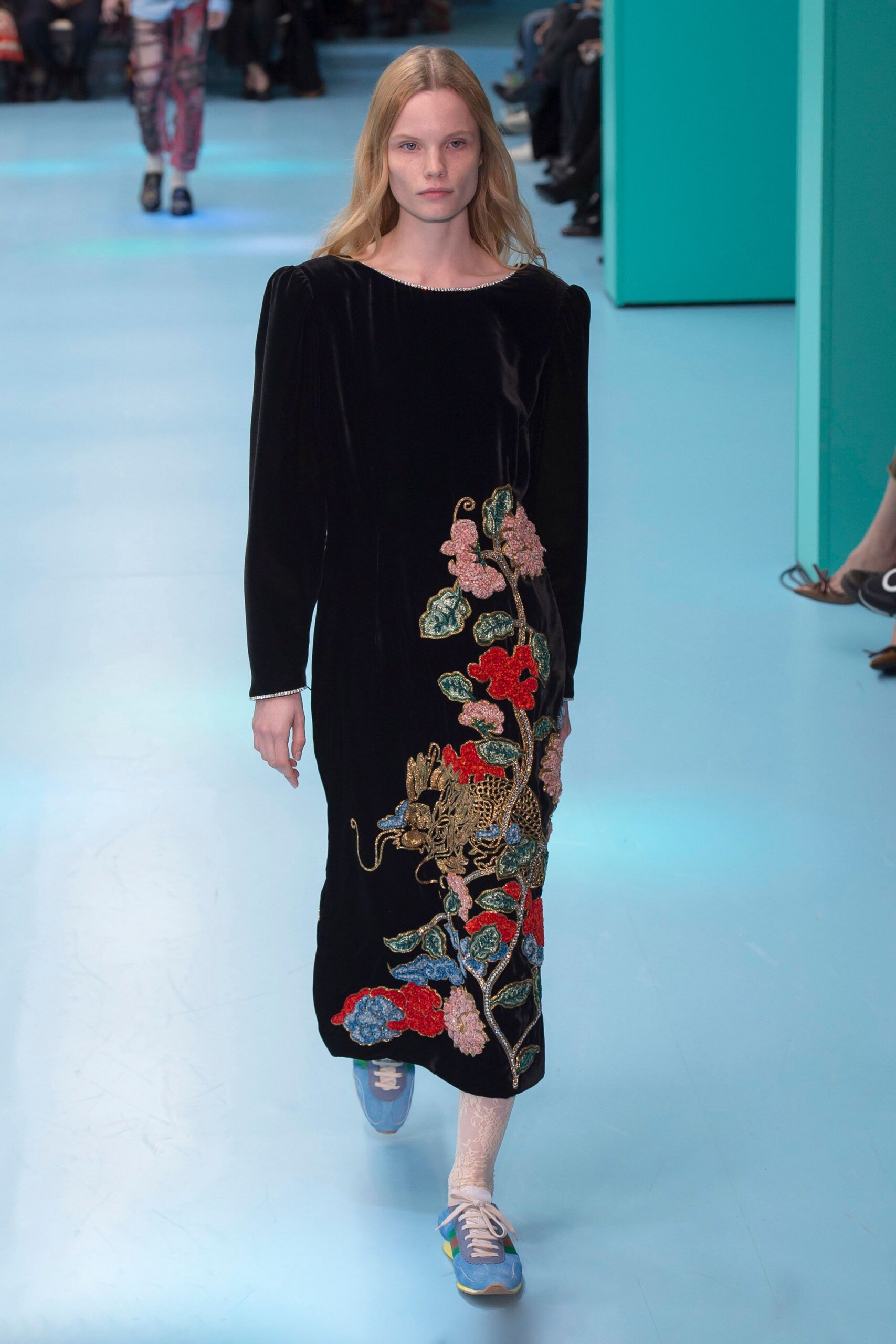 black velvet embroidered midi dress with blue shoes