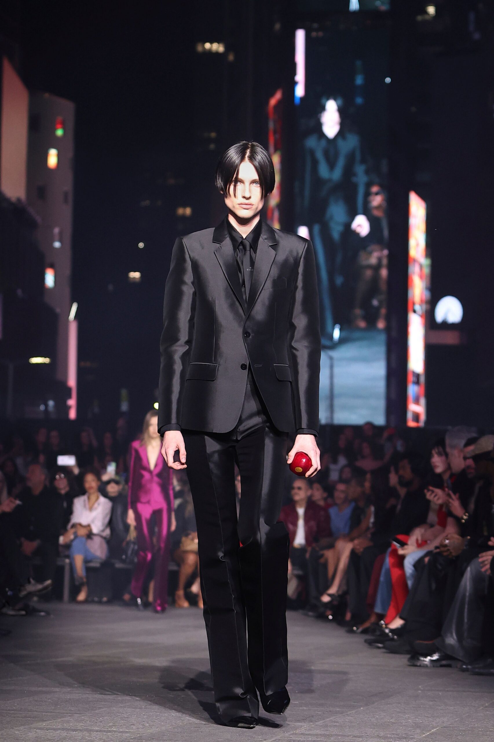 black silk long-sleeve collared tailored buttoned suit