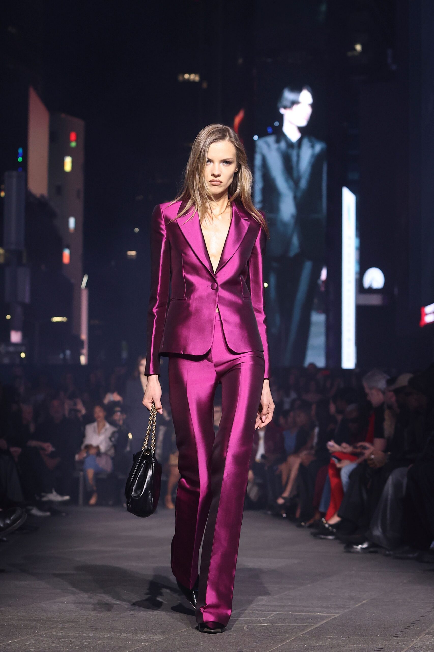 purple satin long-sleeve collared fitted buttoned shiny suit