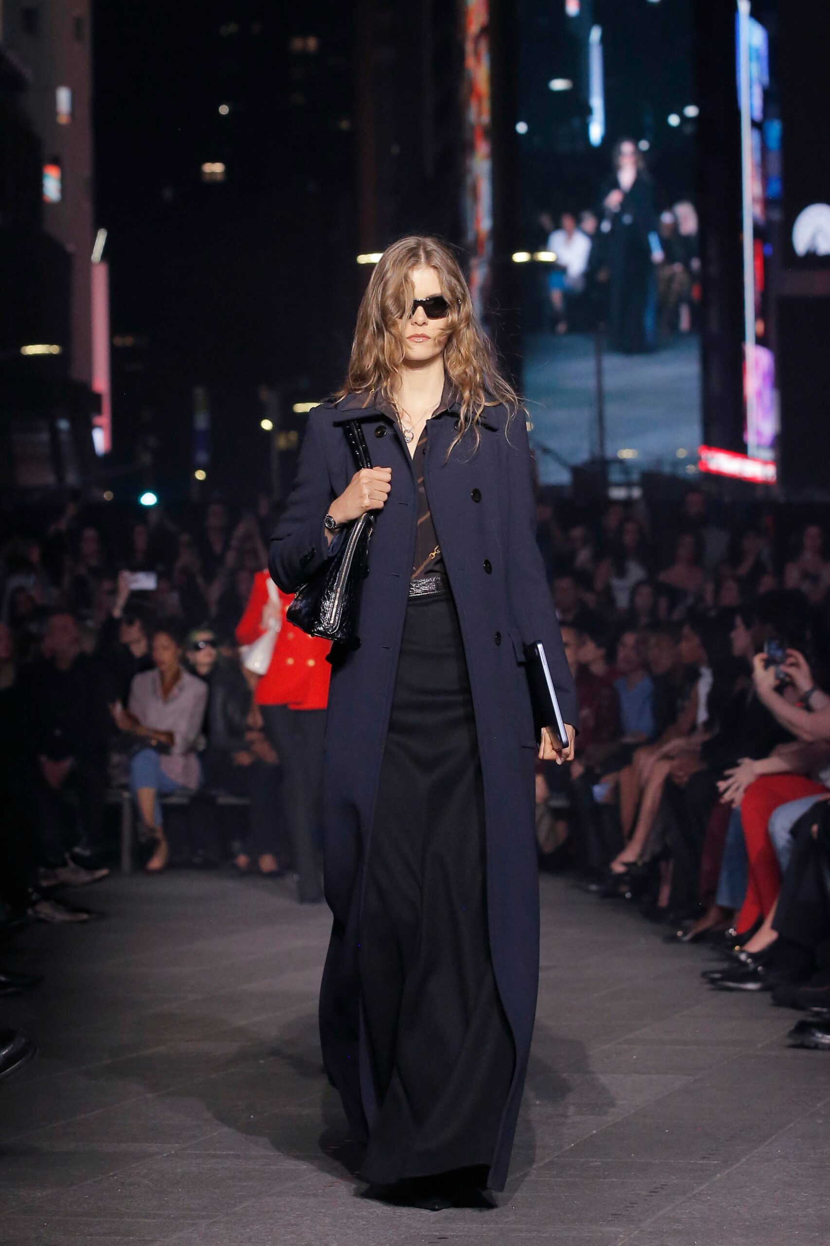 black wool long-sleeve collared fitted buttoned maxi coat