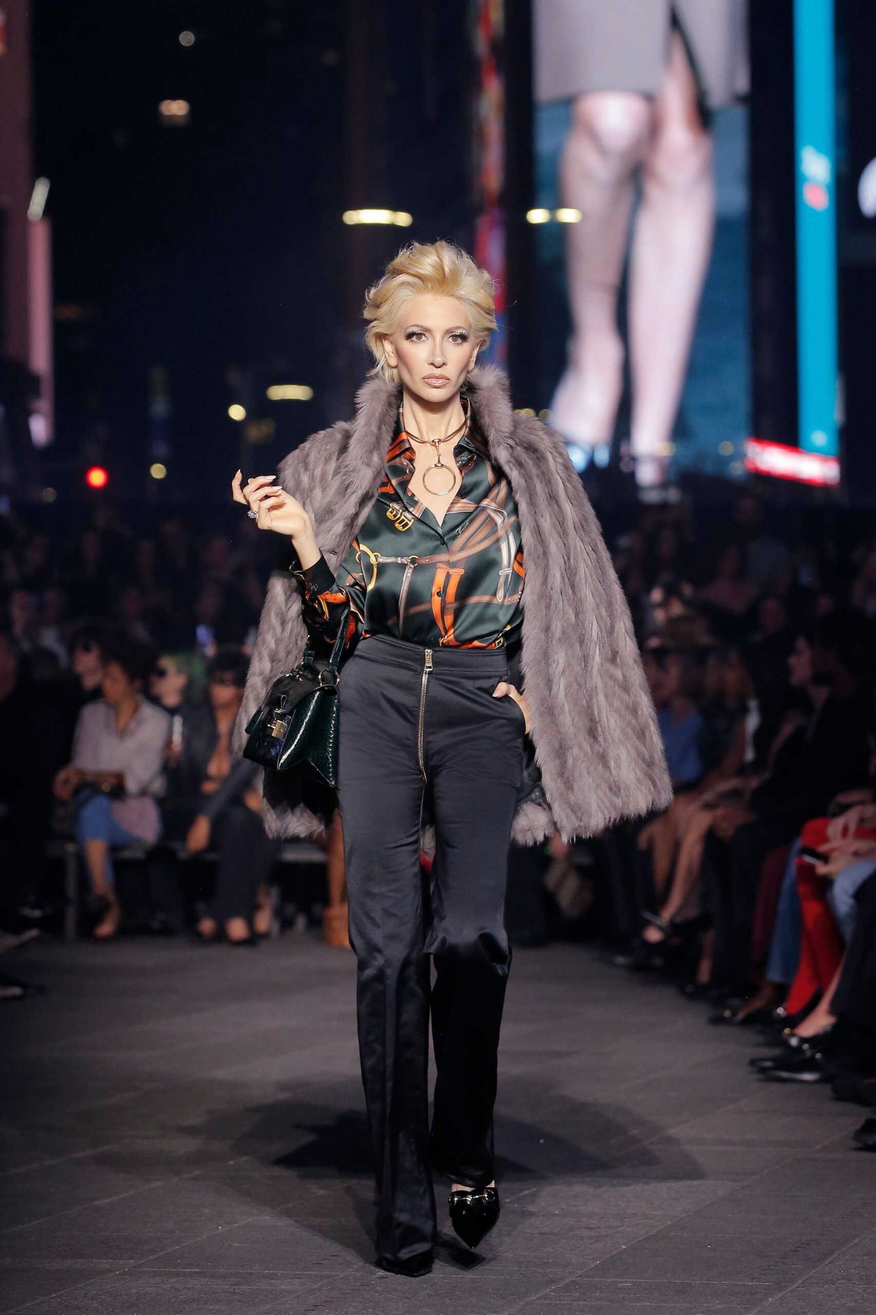 gray faux-fur relaxed layered textured coat
