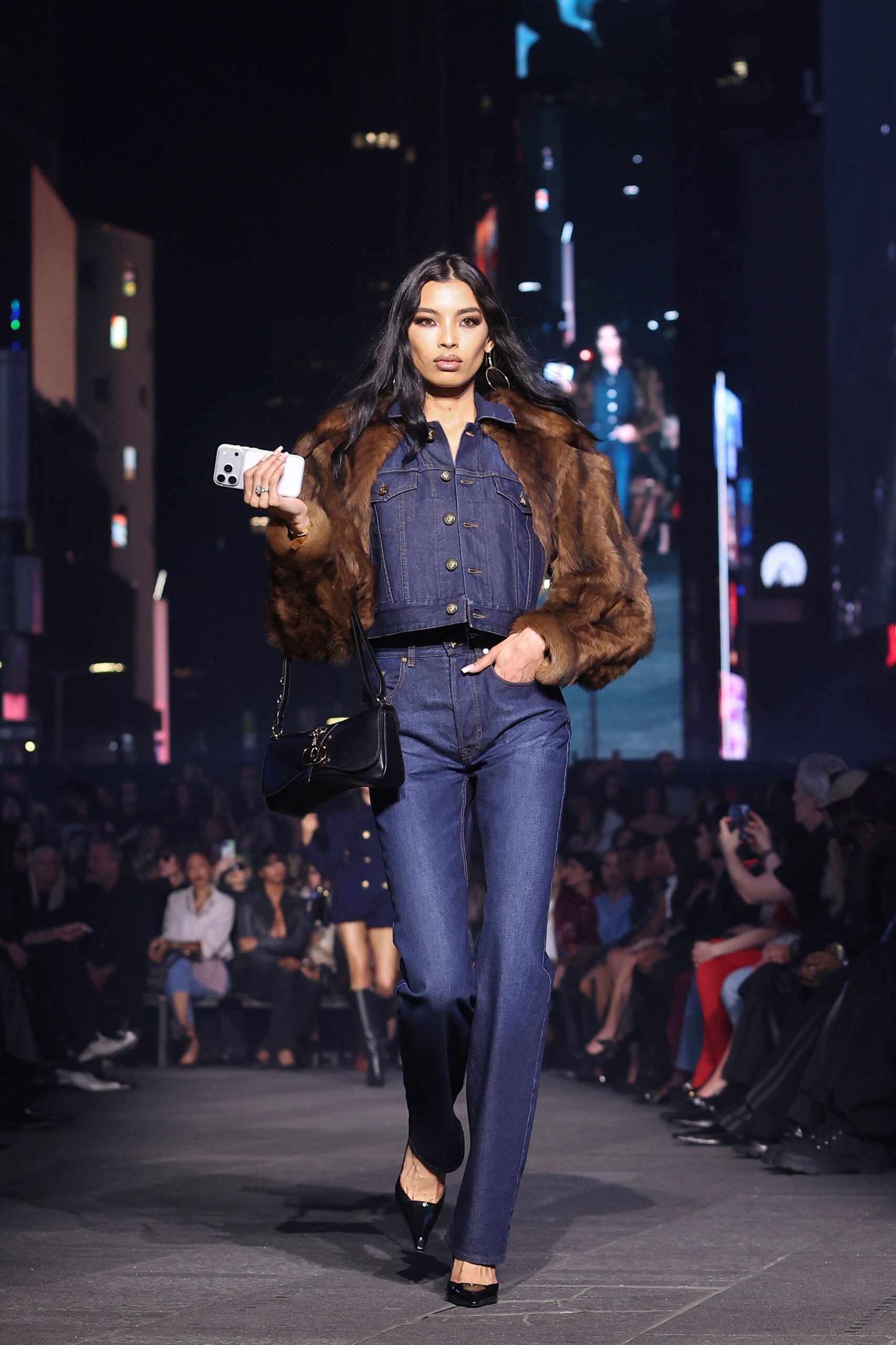 blue denim fitted high-waisted straight-leg pants