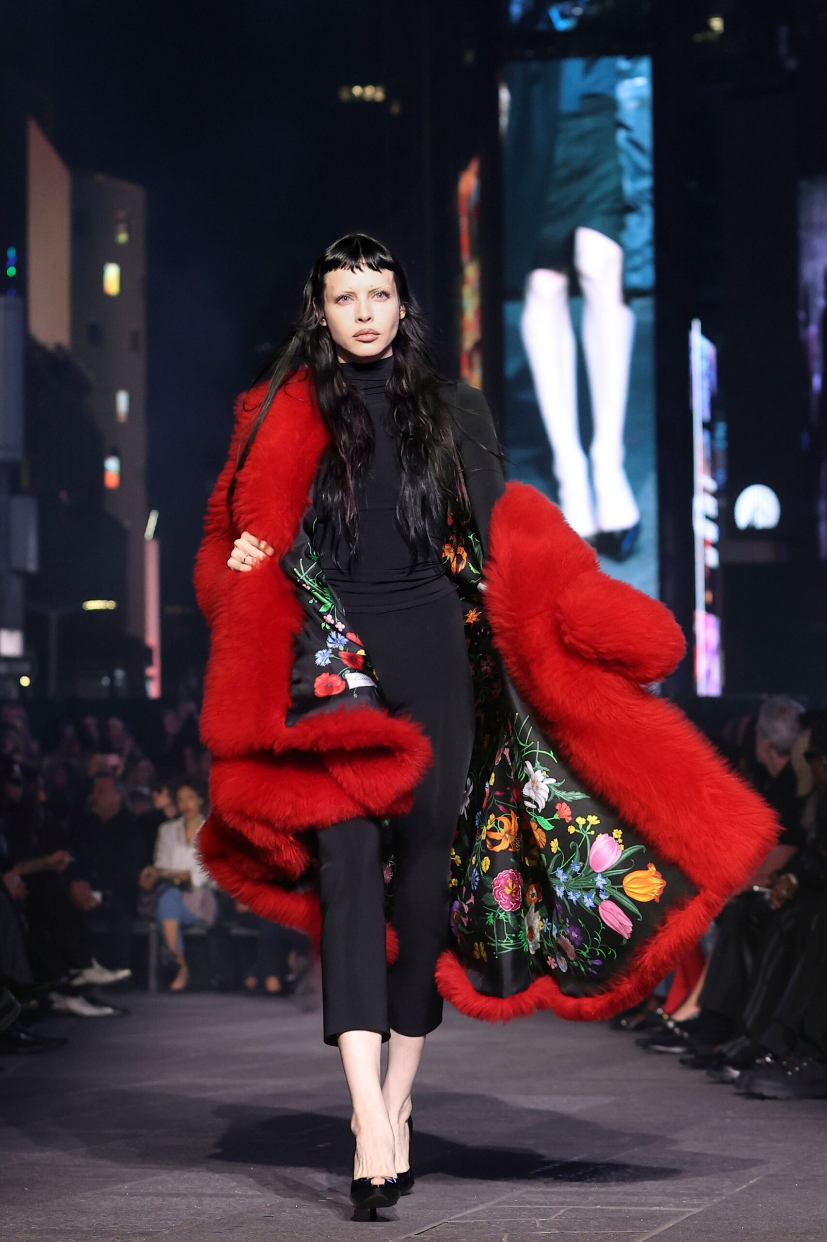 red fur oversized embroidered coat
