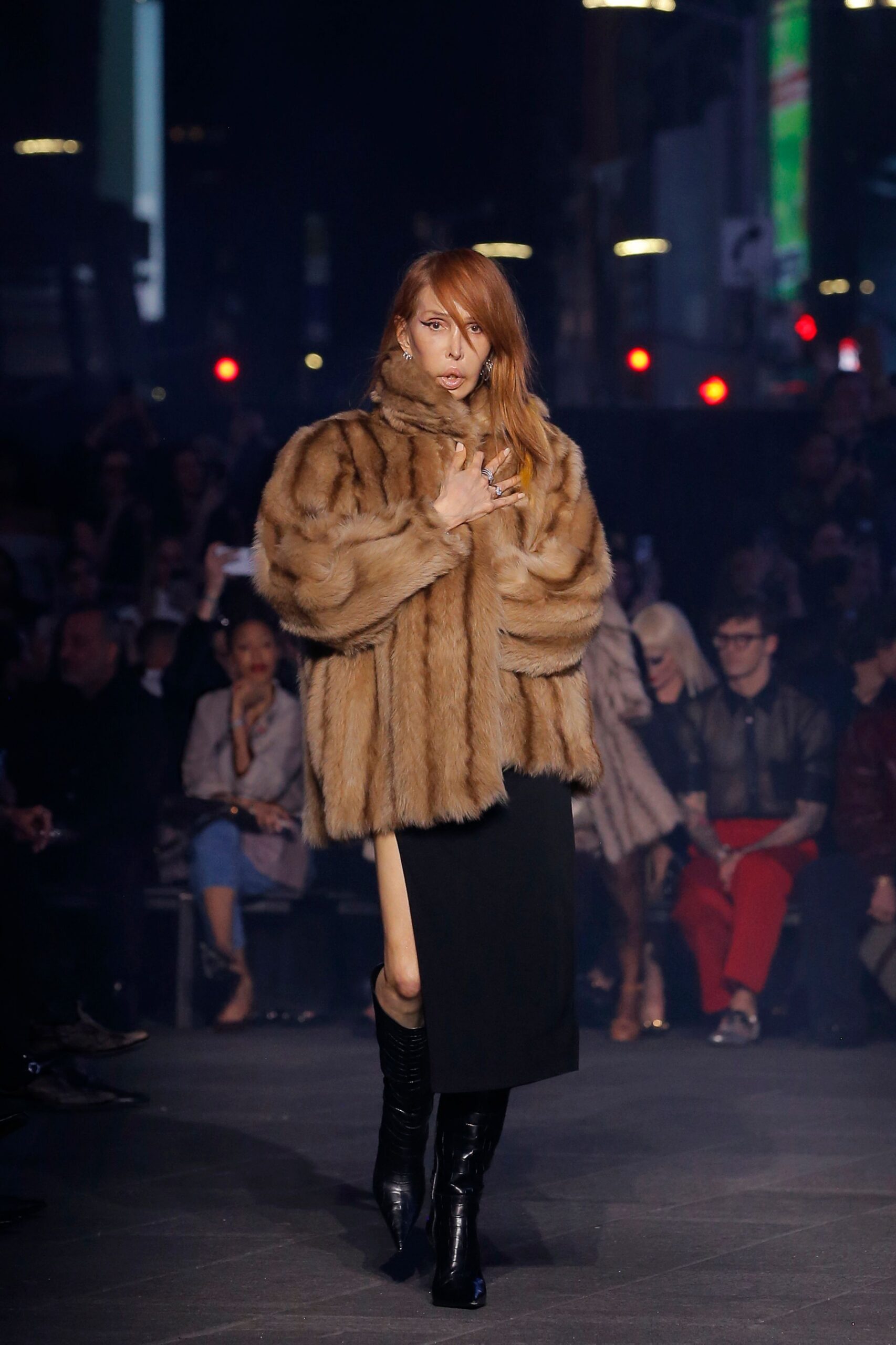 brown fur coat black skirt black boots