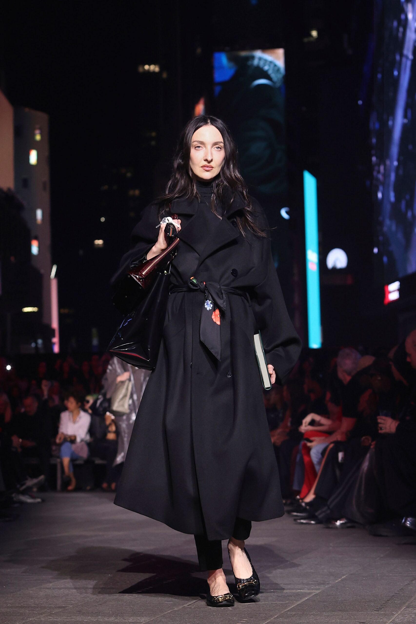 black wool long-sleeve collared fitted belted layered coat