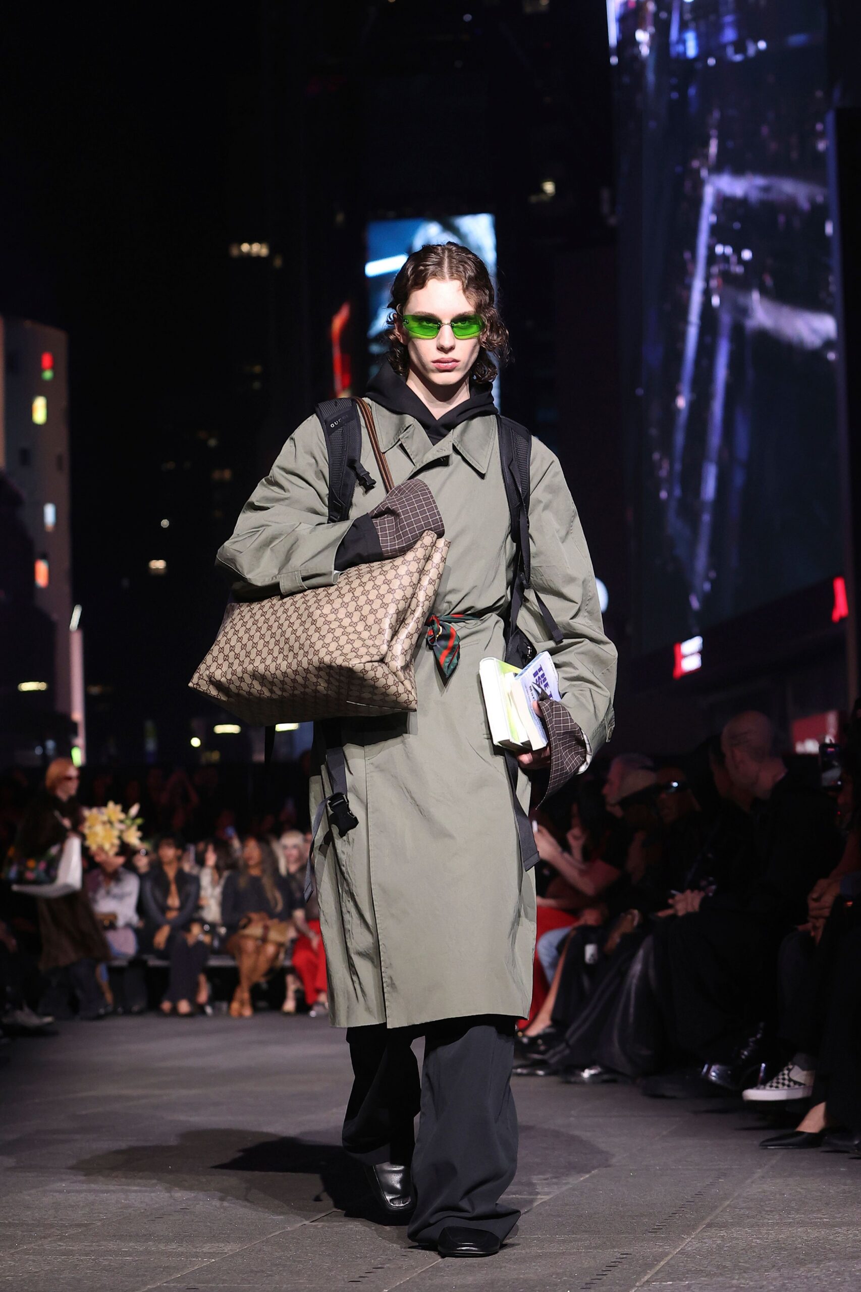 green cotton long-sleeve collared relaxed belted coat