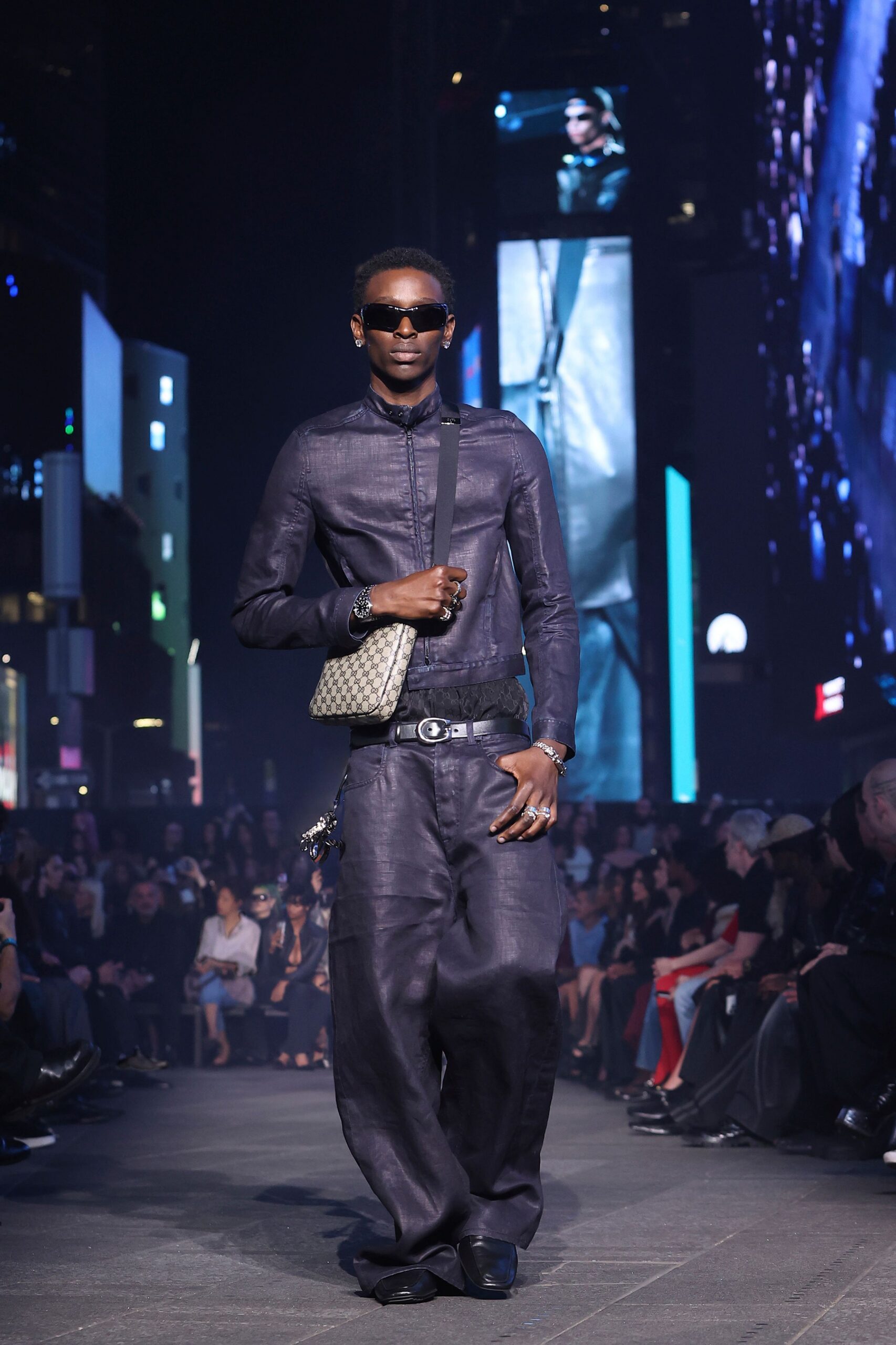 black fitted shirt and relaxed pants