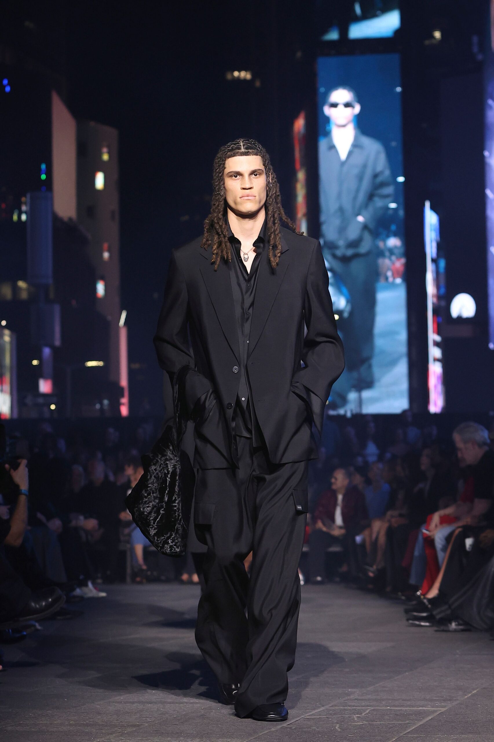 black silk suit with bag