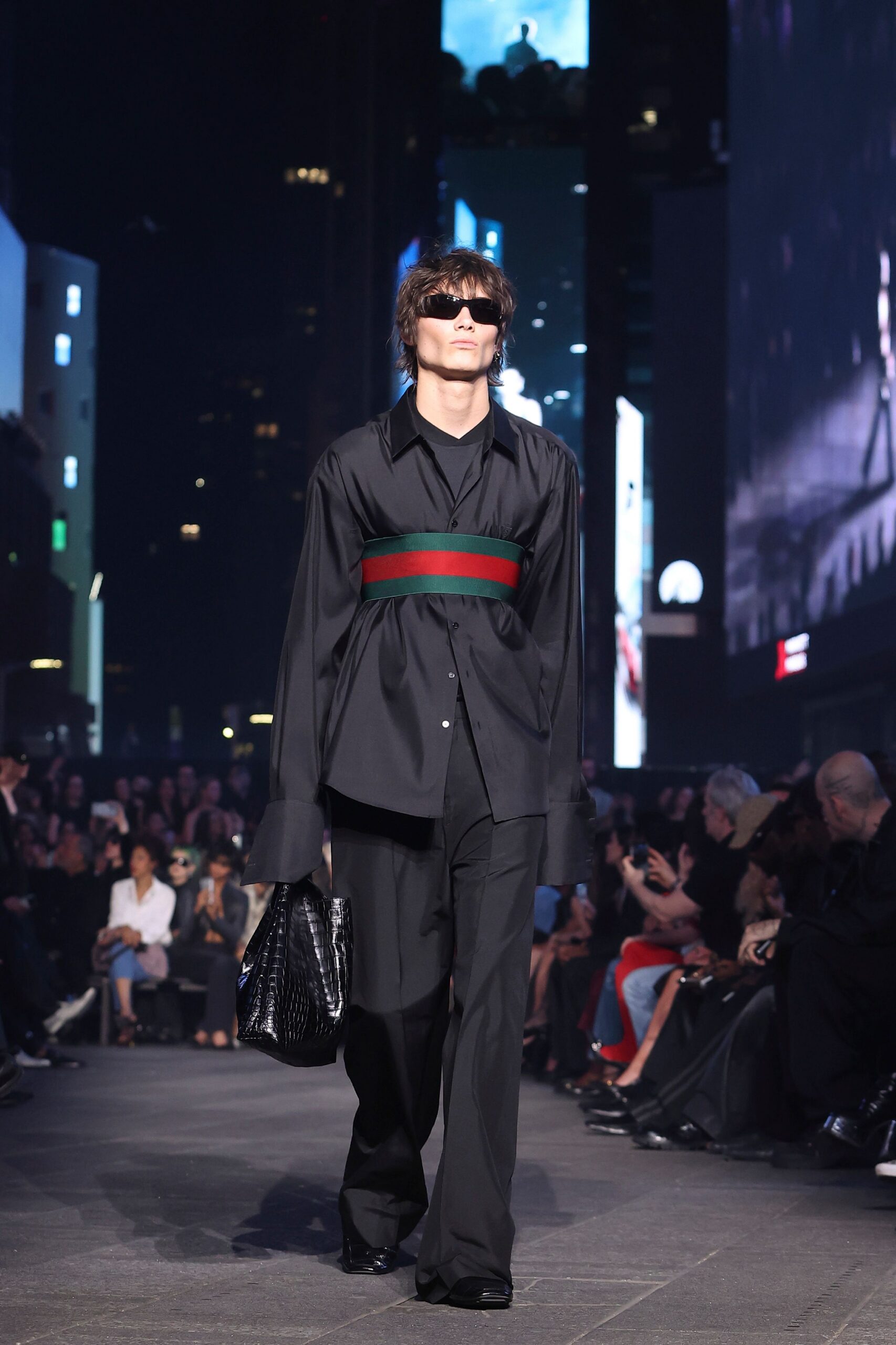 black silk long-sleeve collared relaxed buttoned shirt