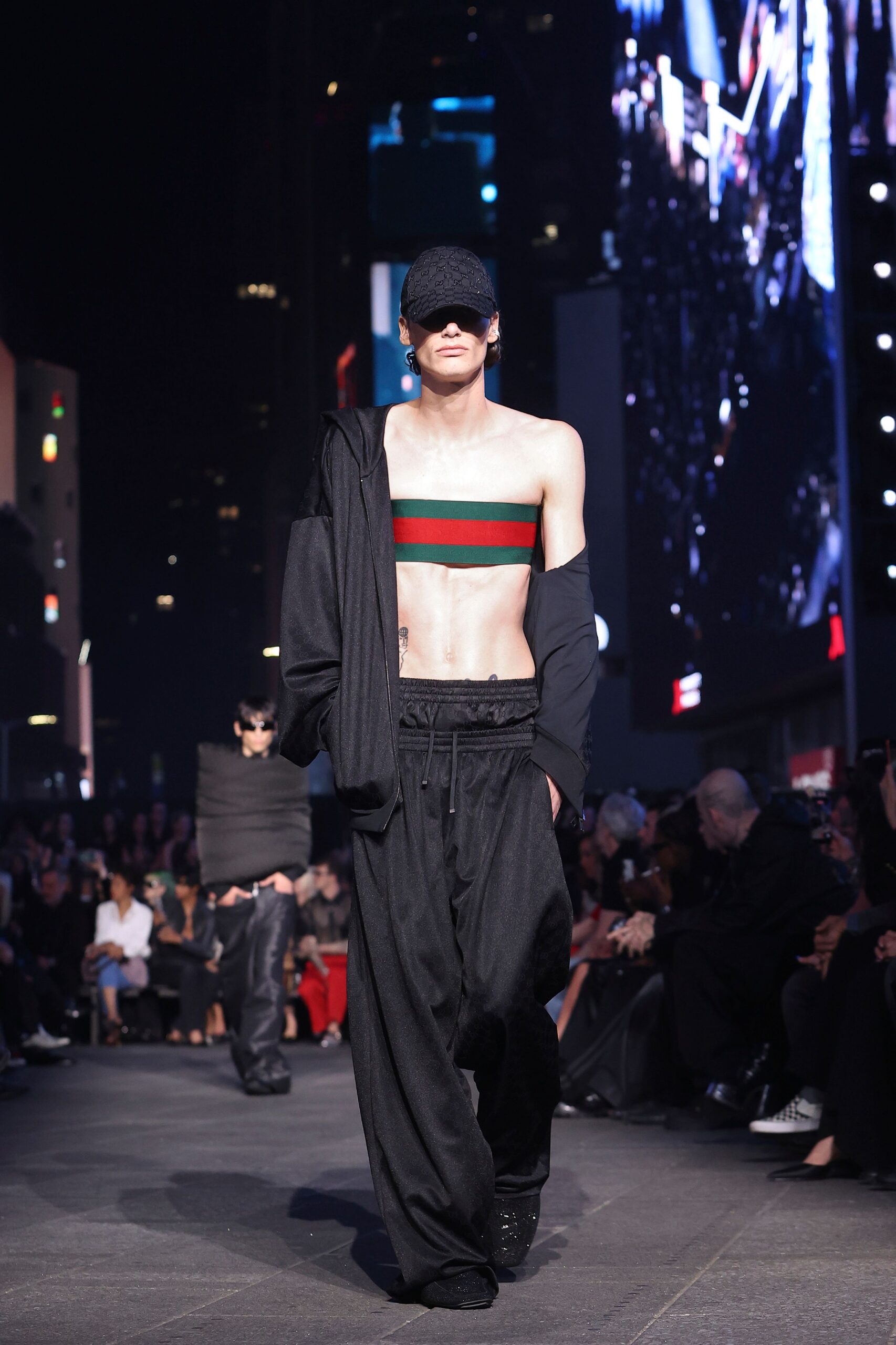 black color-blocked top with relaxed pants