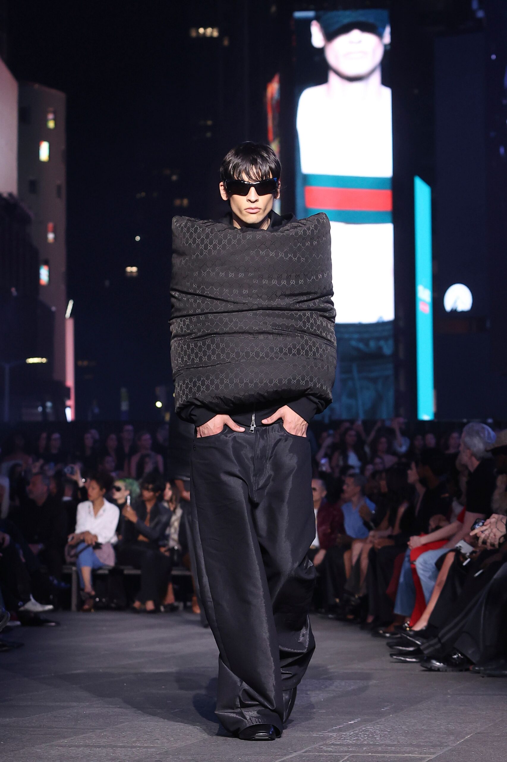 black wool long-sleeve high-neck oversized padded top