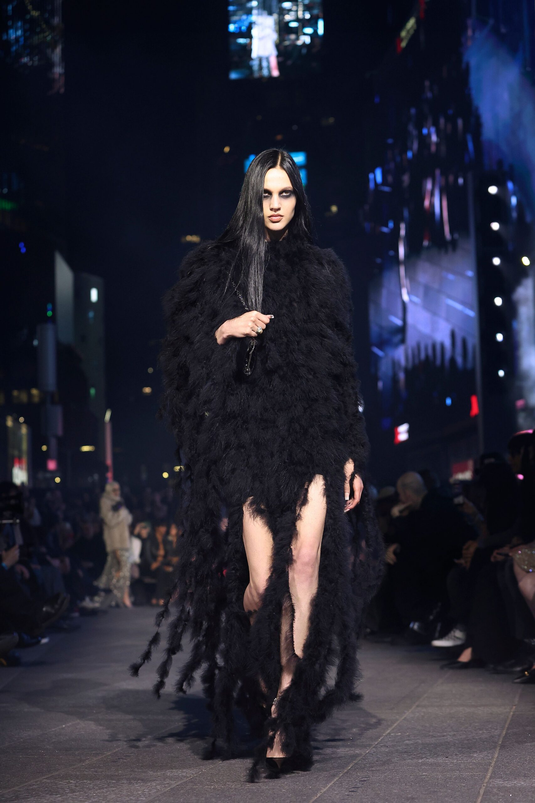 black fur long-sleeve high-neck relaxed fringed maxi dress
