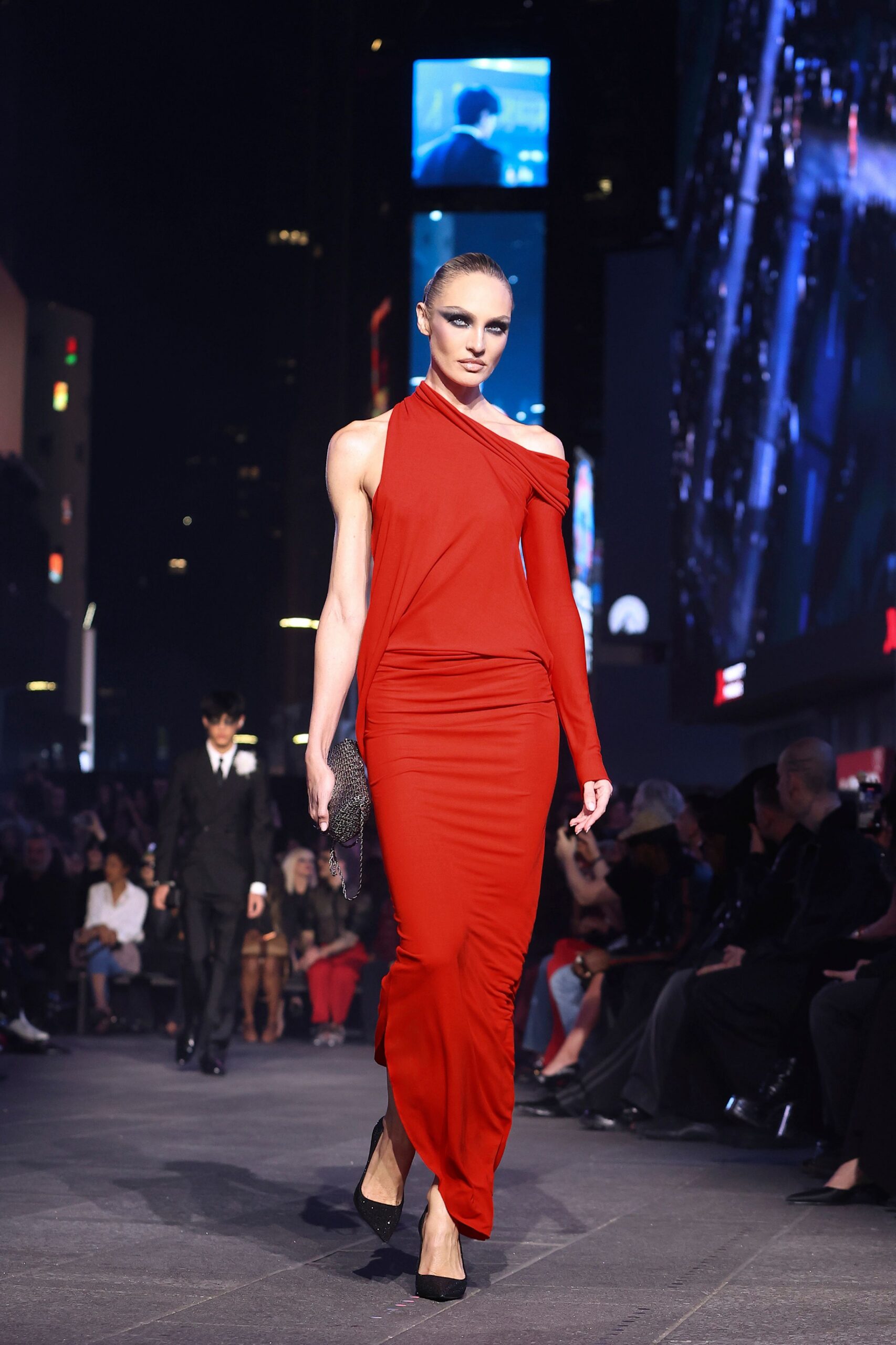 red silk long-sleeve off-shoulder fitted draped maxi dress