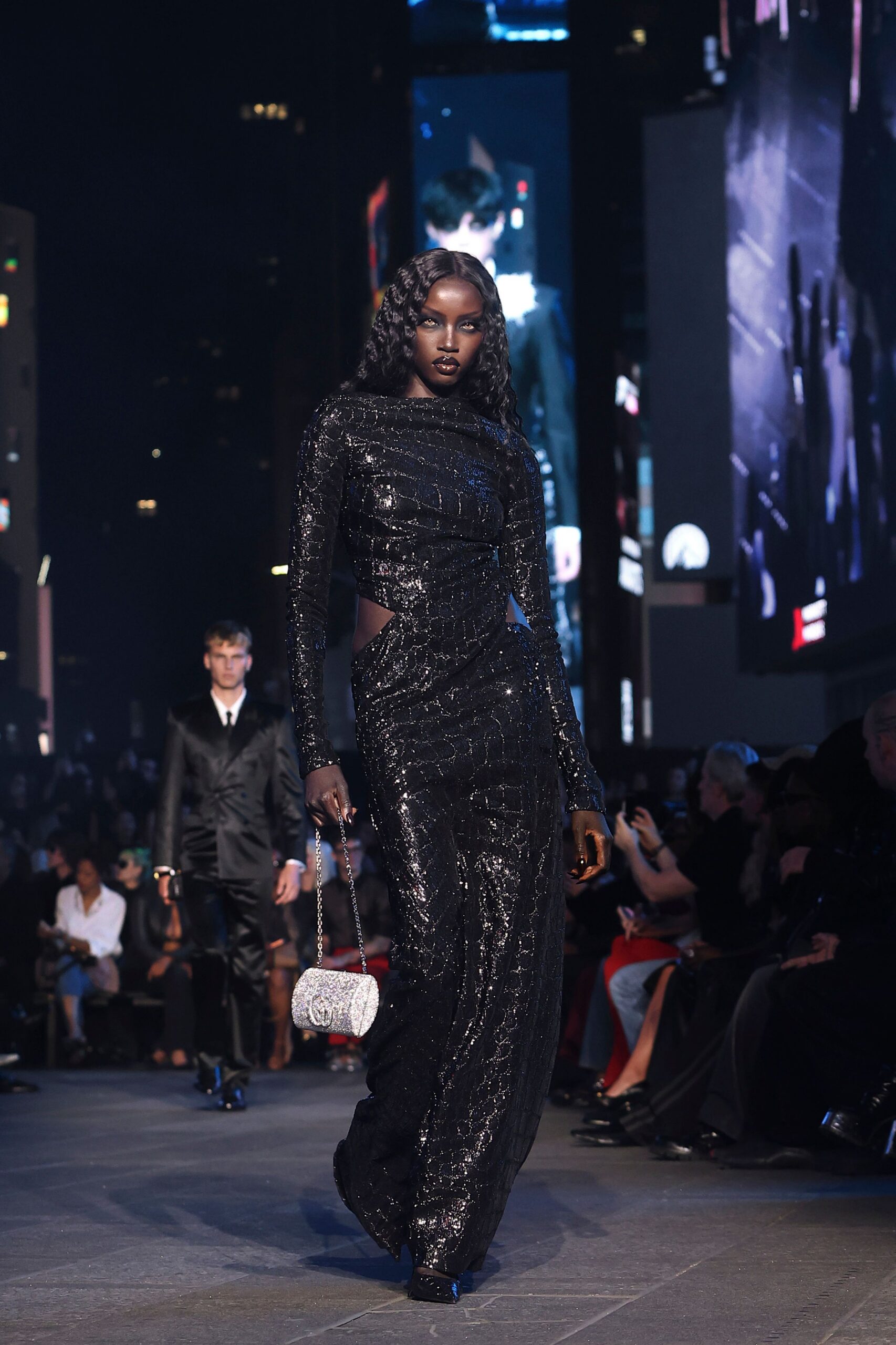 black silk long-sleeve v-neck fitted sequined shiny gown