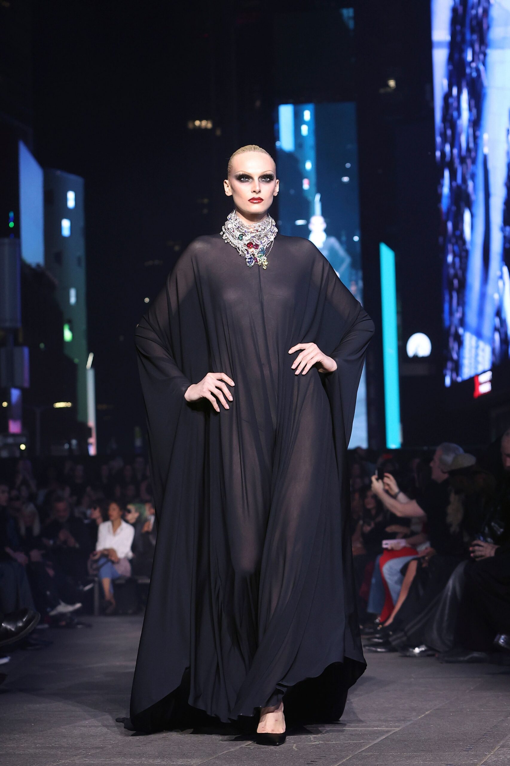 black silk sleeveless relaxed draped flowing cape