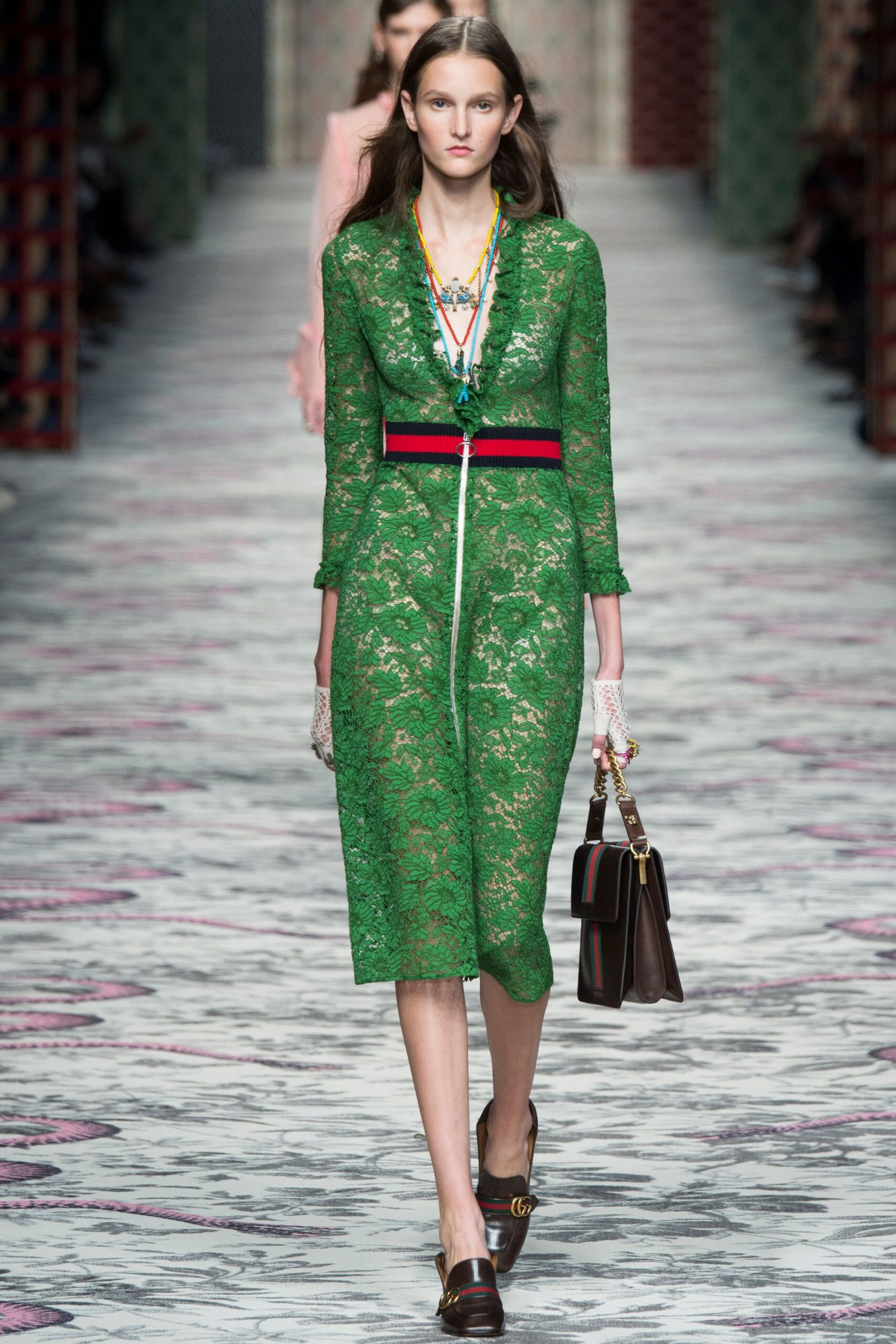 green lace long-sleeve v-neck fitted zippered tiered dress