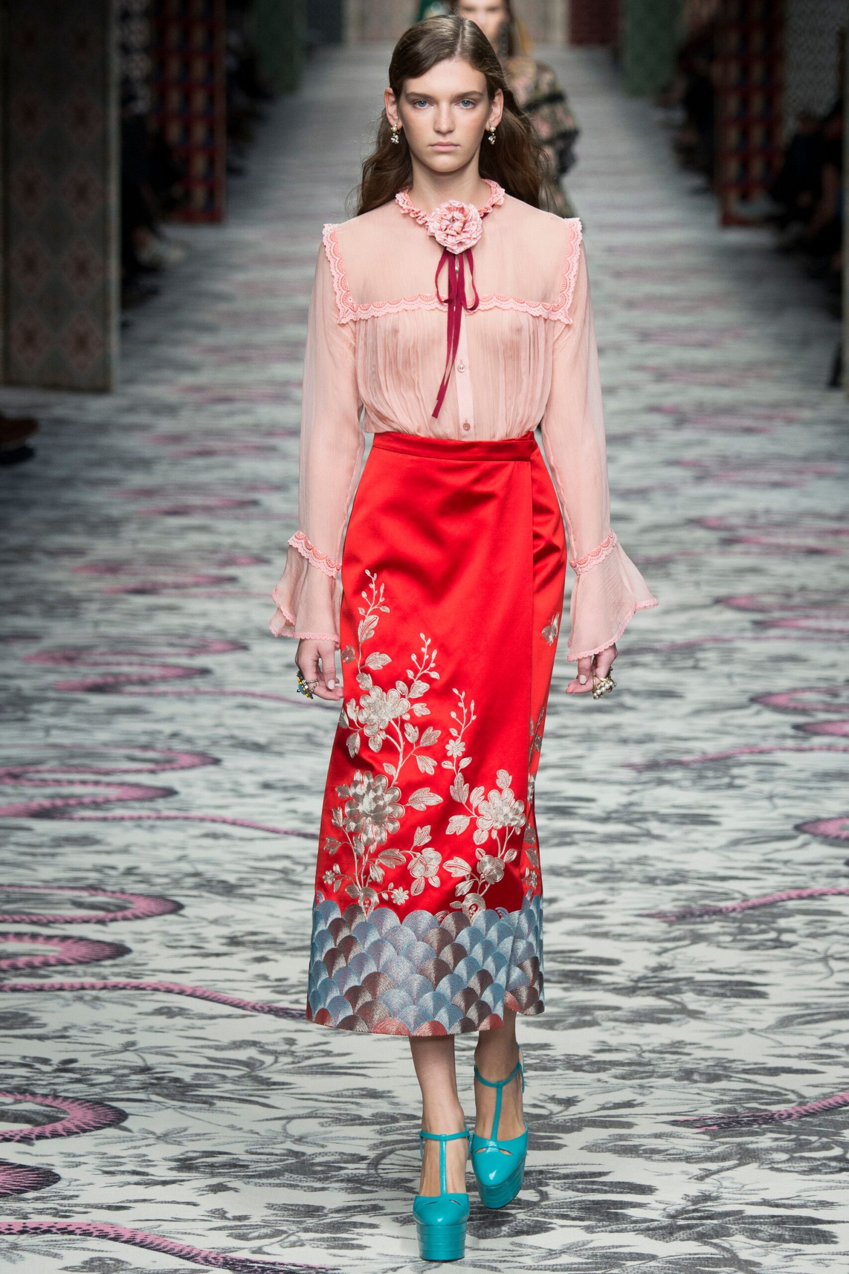 red silk fitted flared embroidered midi skirt