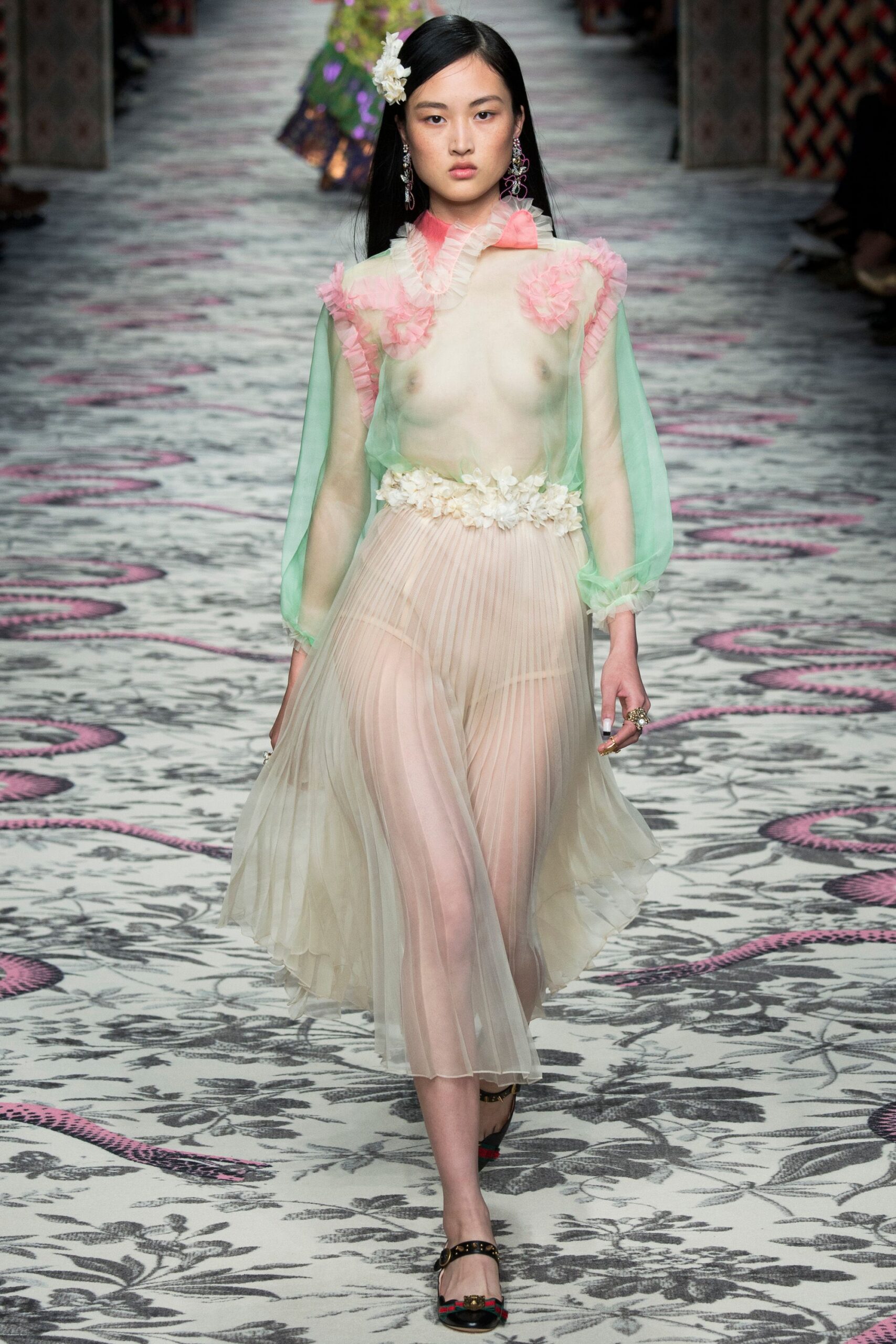 sheer green and pink midi dress
