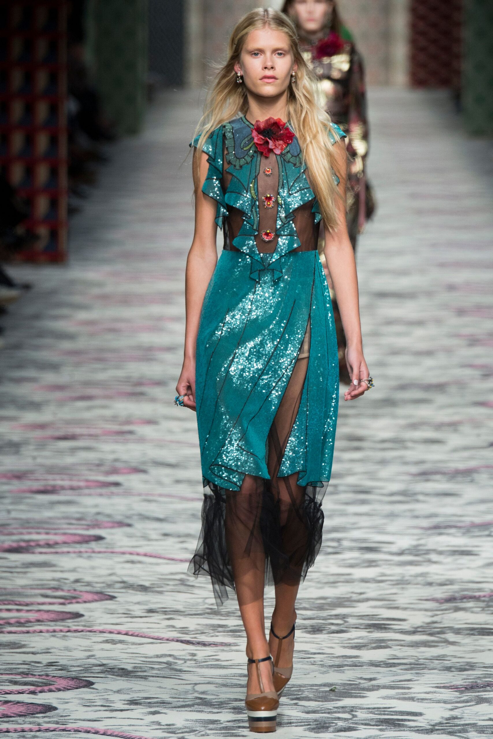 teal silk sleeveless v-neck fitted ruffled sequined dress