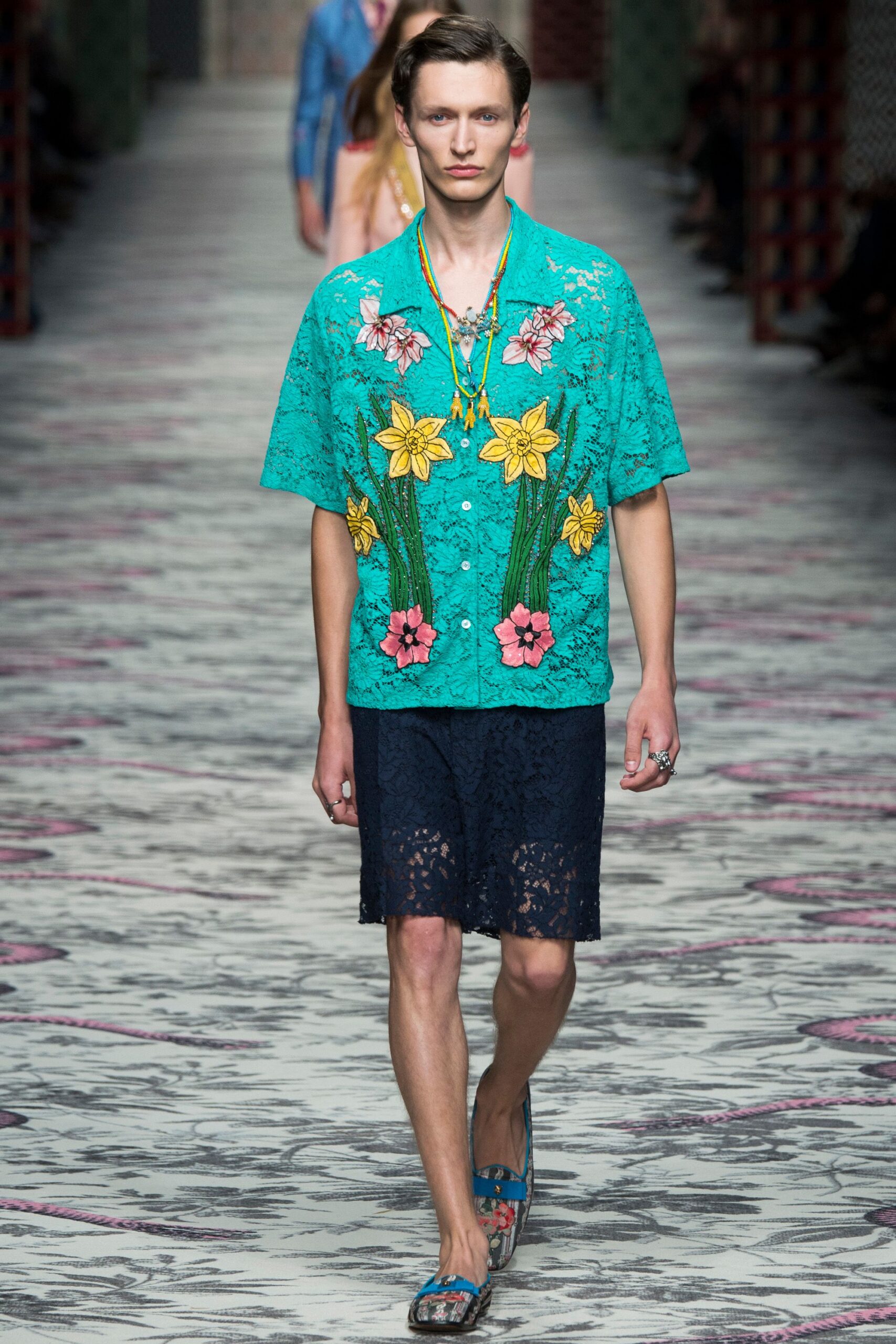 teal embroidered shirt with lace shorts