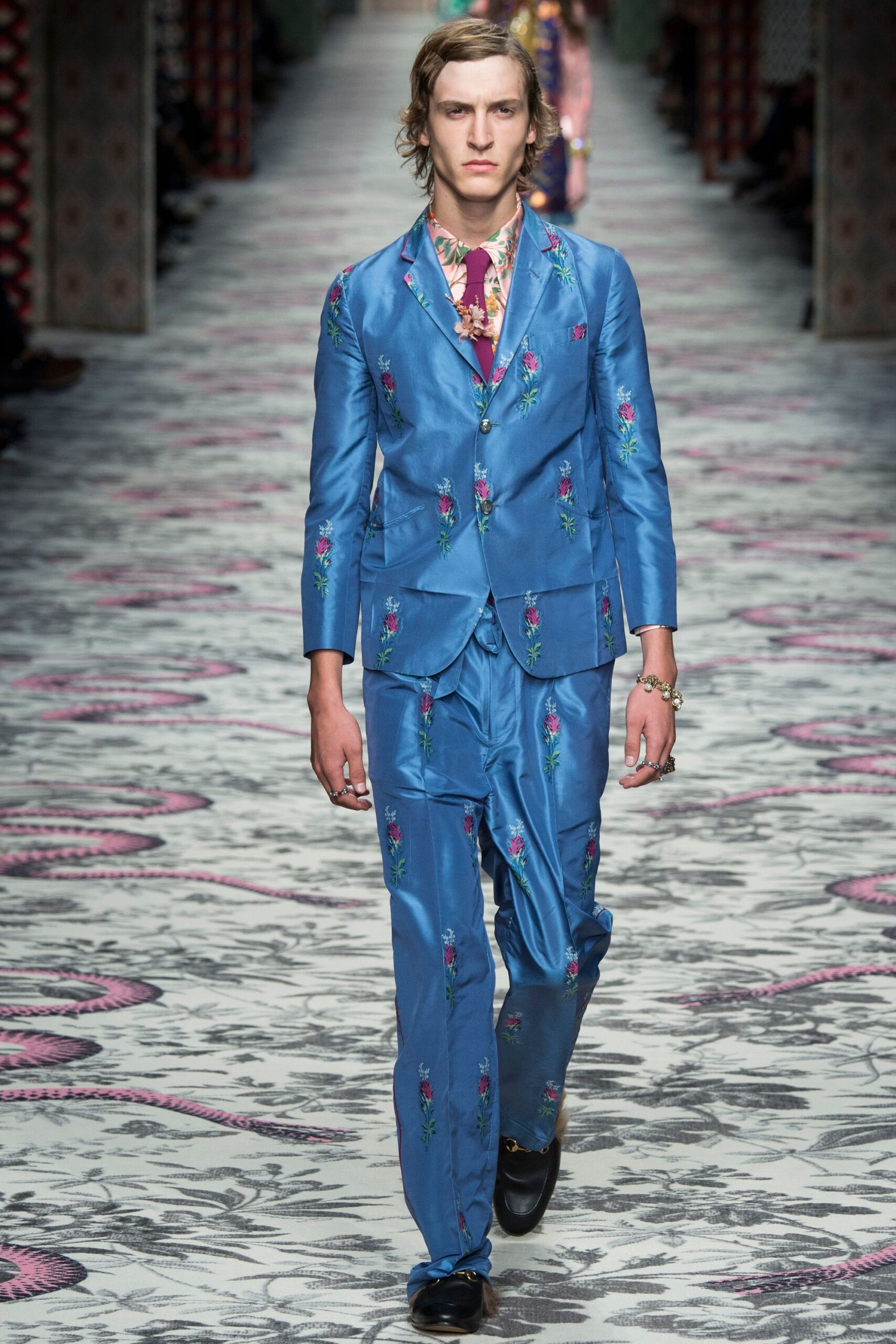 blue embroidered silk suit