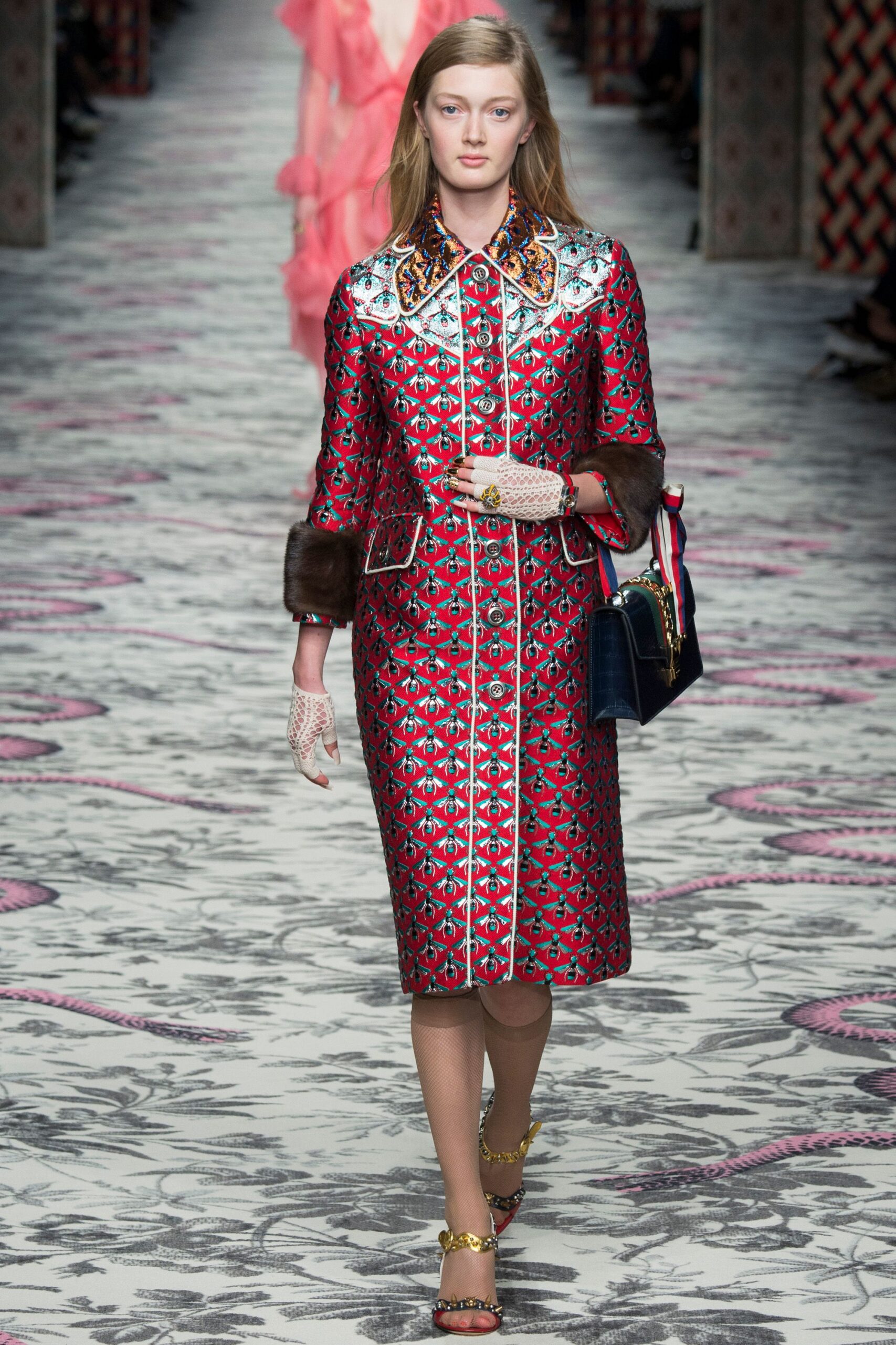 red silk long-sleeve collared fitted printed belted dress