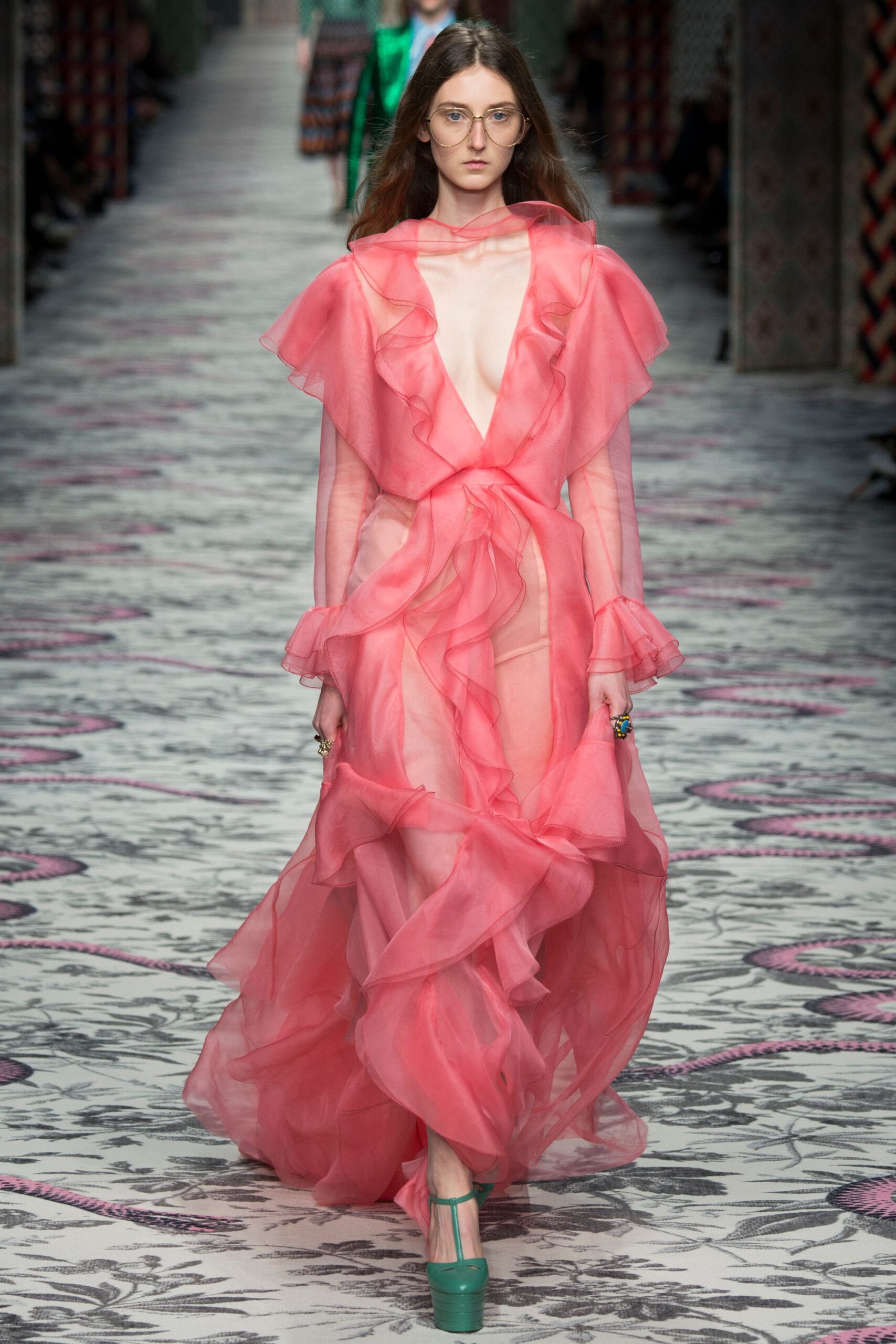 pink chiffon long-sleeve v-neck fitted ruffled draped gown
